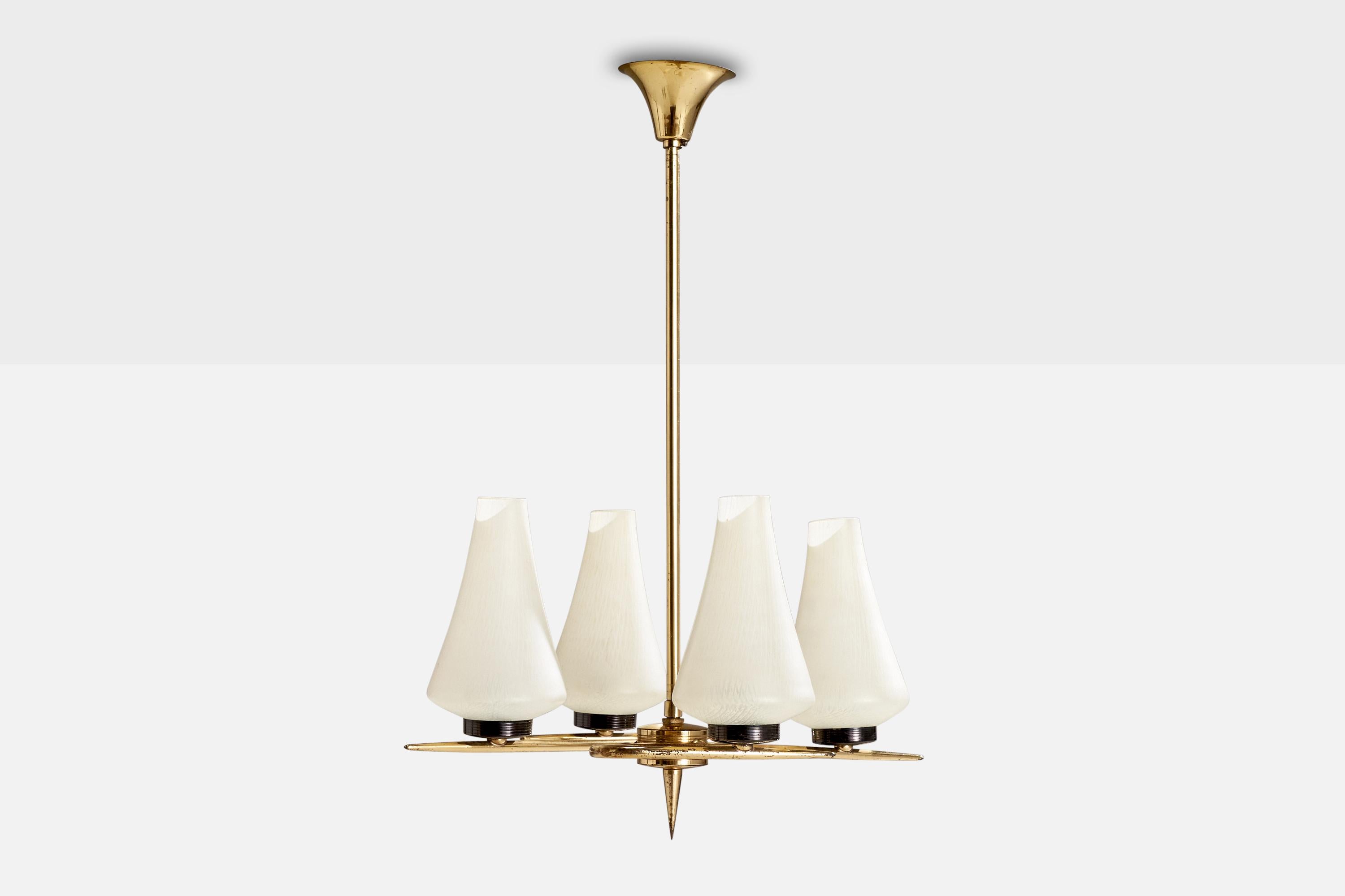 Mid-Century Modern French Designer, Chandelier, Brass, Glass,  France, 1950s For Sale