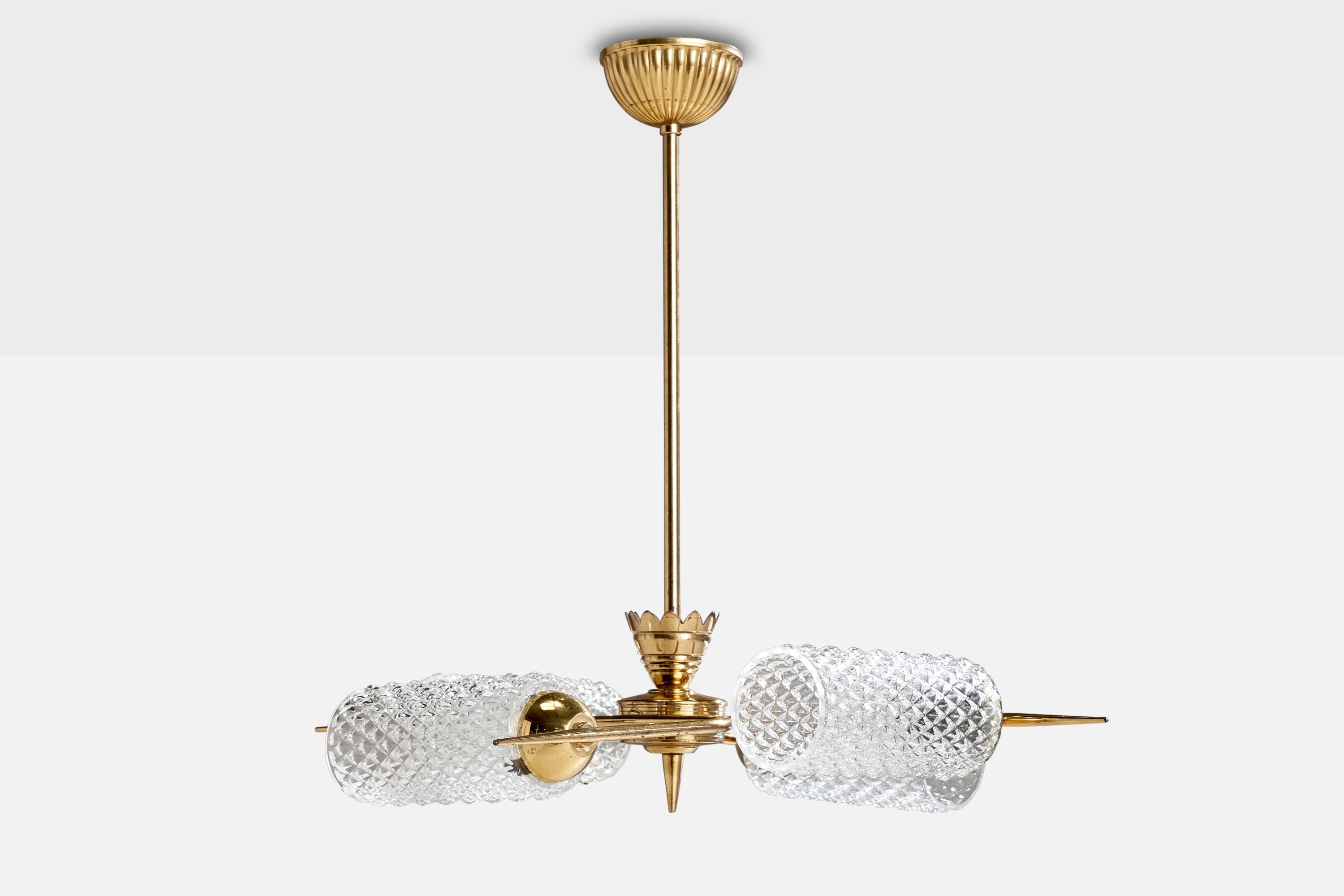 Mid-Century Modern French Designer, Chandelier, Brass, Glass, France, 1950s