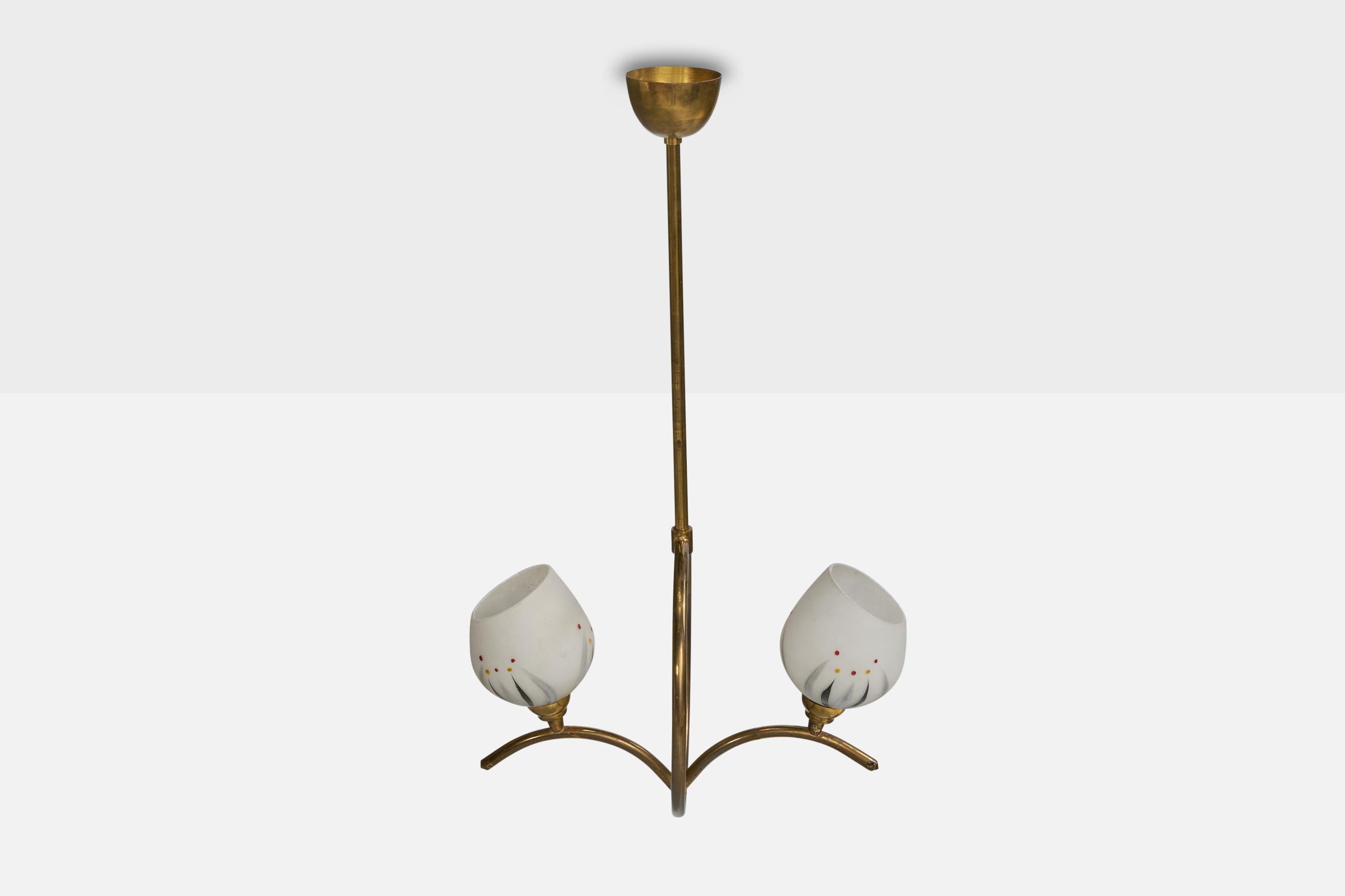 Mid-Century Modern French Designer, Chandelier, Brass, Glass, France, 1950s For Sale
