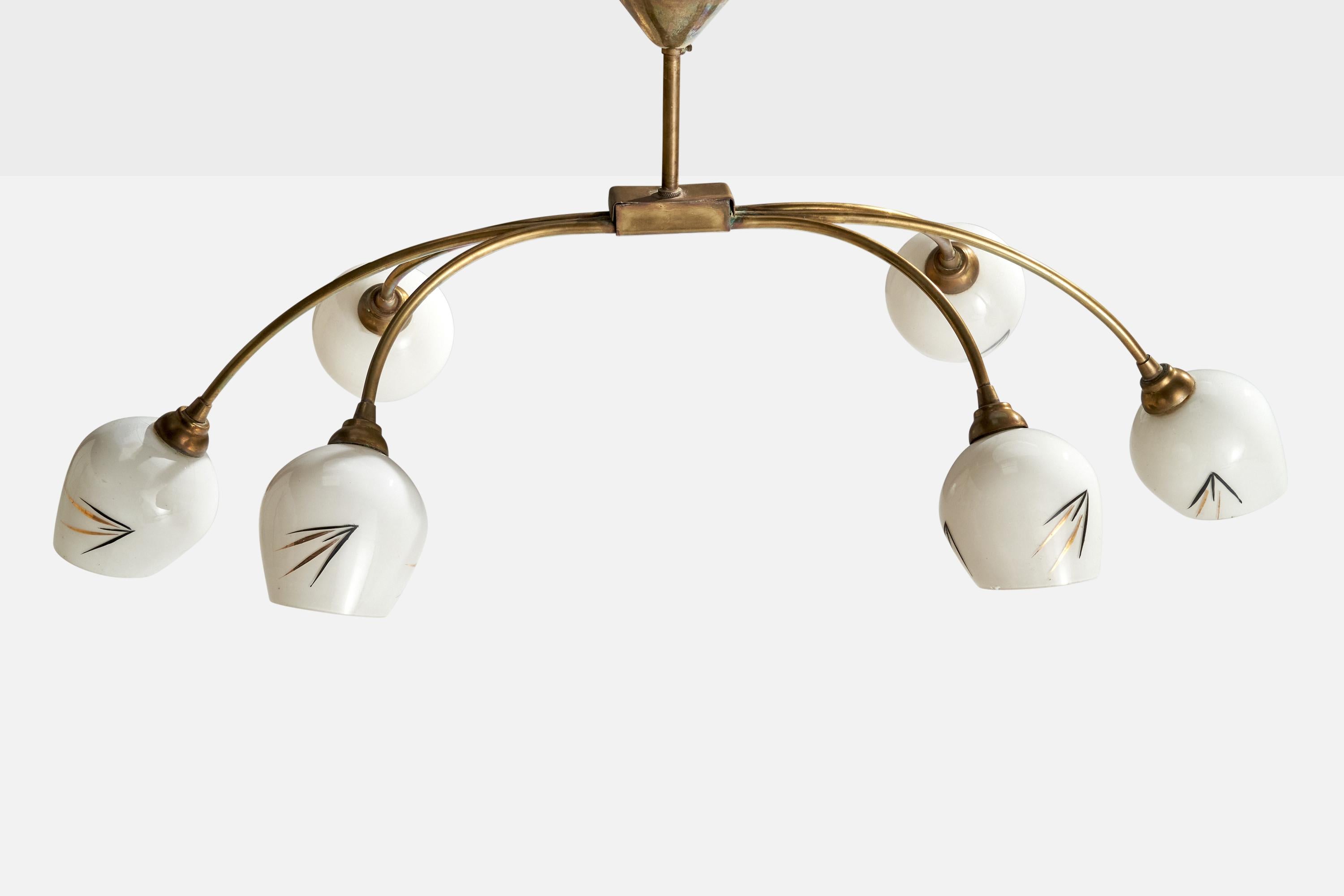 French Designer, Chandelier, Brass, Glass, France, 1950s In Good Condition For Sale In High Point, NC