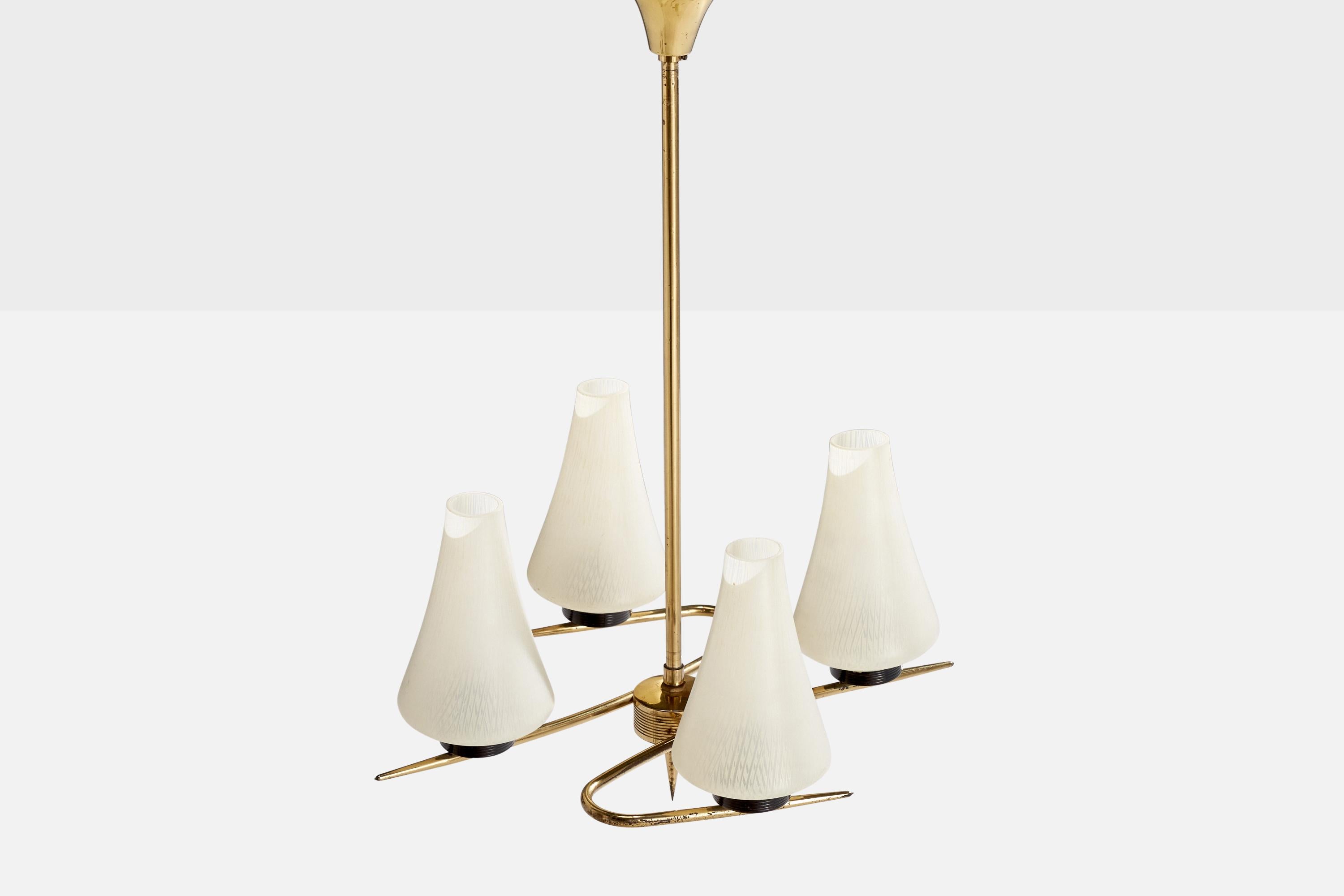 French Designer, Chandelier, Brass, Glass,  France, 1950s In Good Condition For Sale In High Point, NC