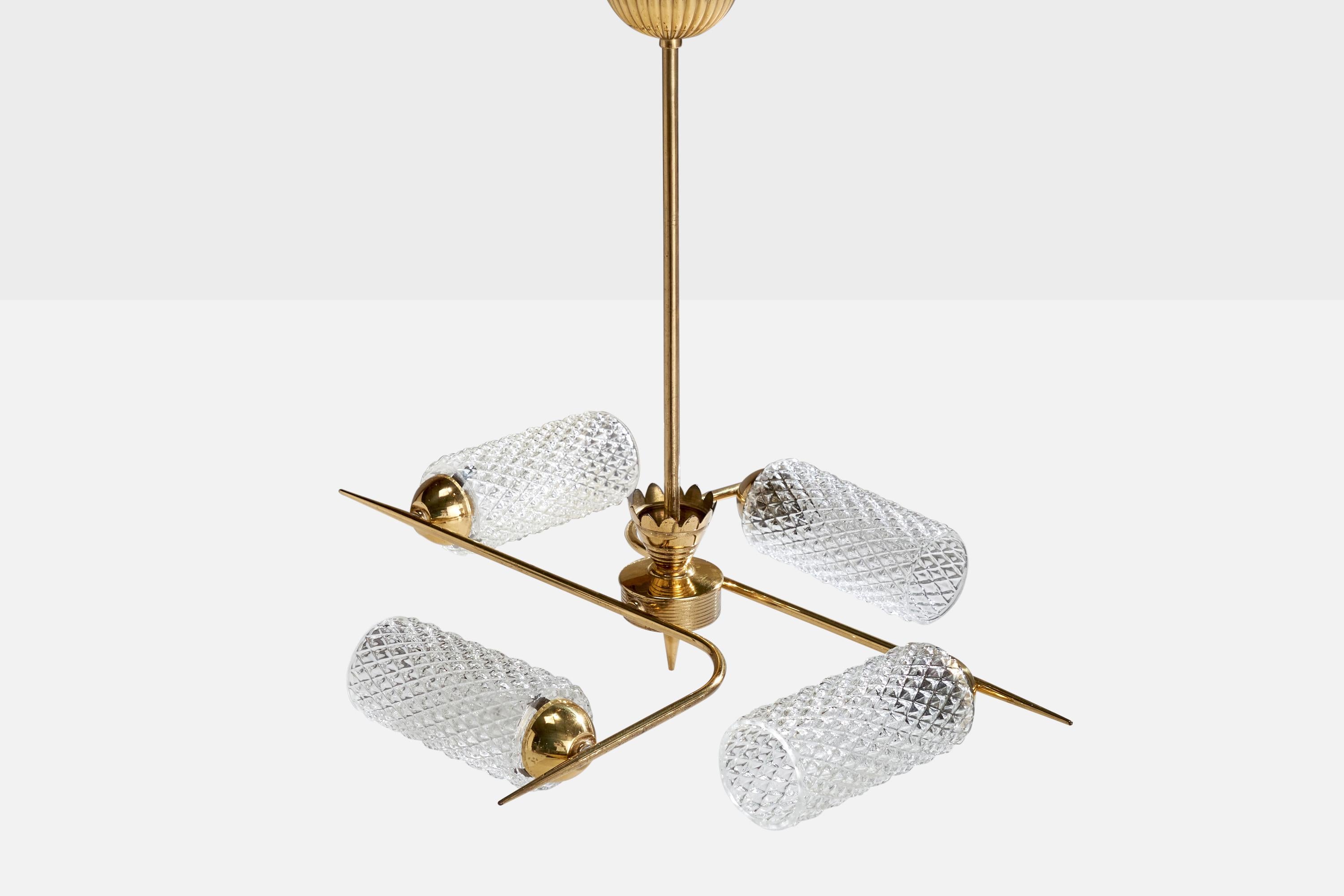 French Designer, Chandelier, Brass, Glass, France, 1950s In Good Condition In High Point, NC