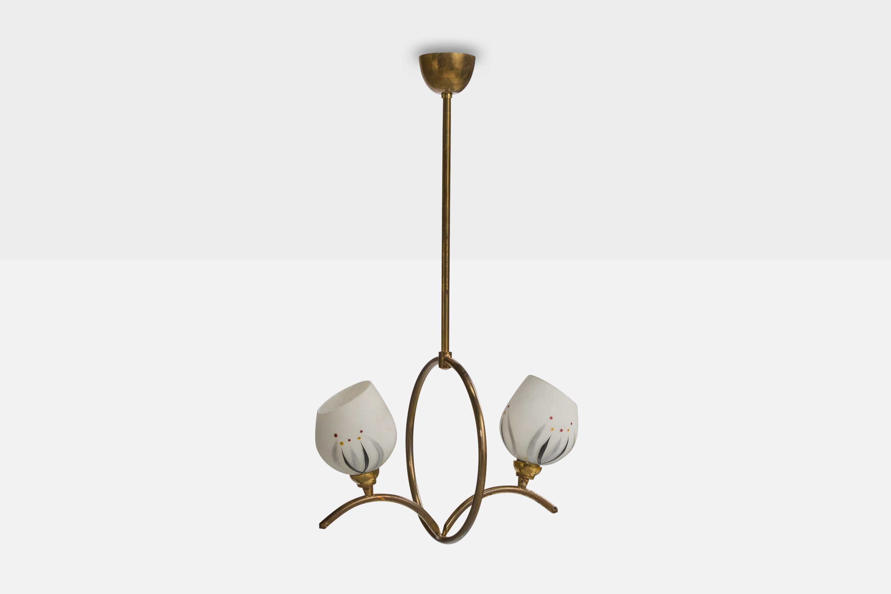 French Designer, Chandelier, Brass, Glass, France, 1950s In Good Condition For Sale In High Point, NC