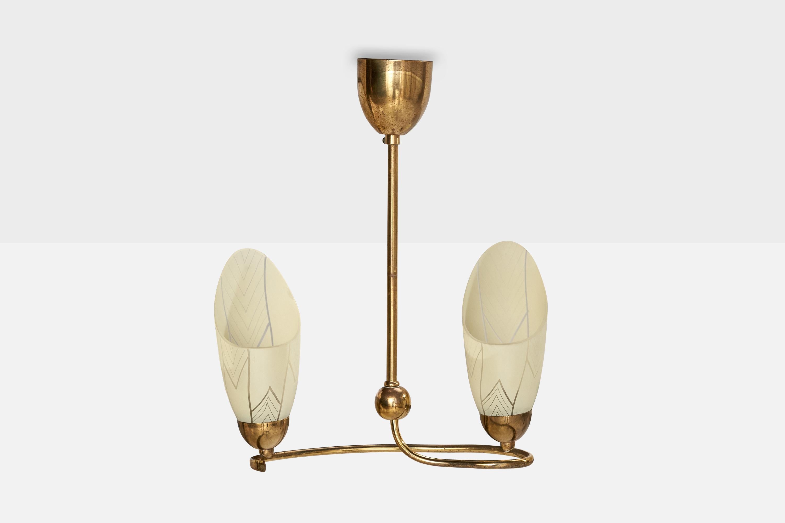 Mid-20th Century French Designer, Chandelier, Brass, Glass, France, 1950s For Sale