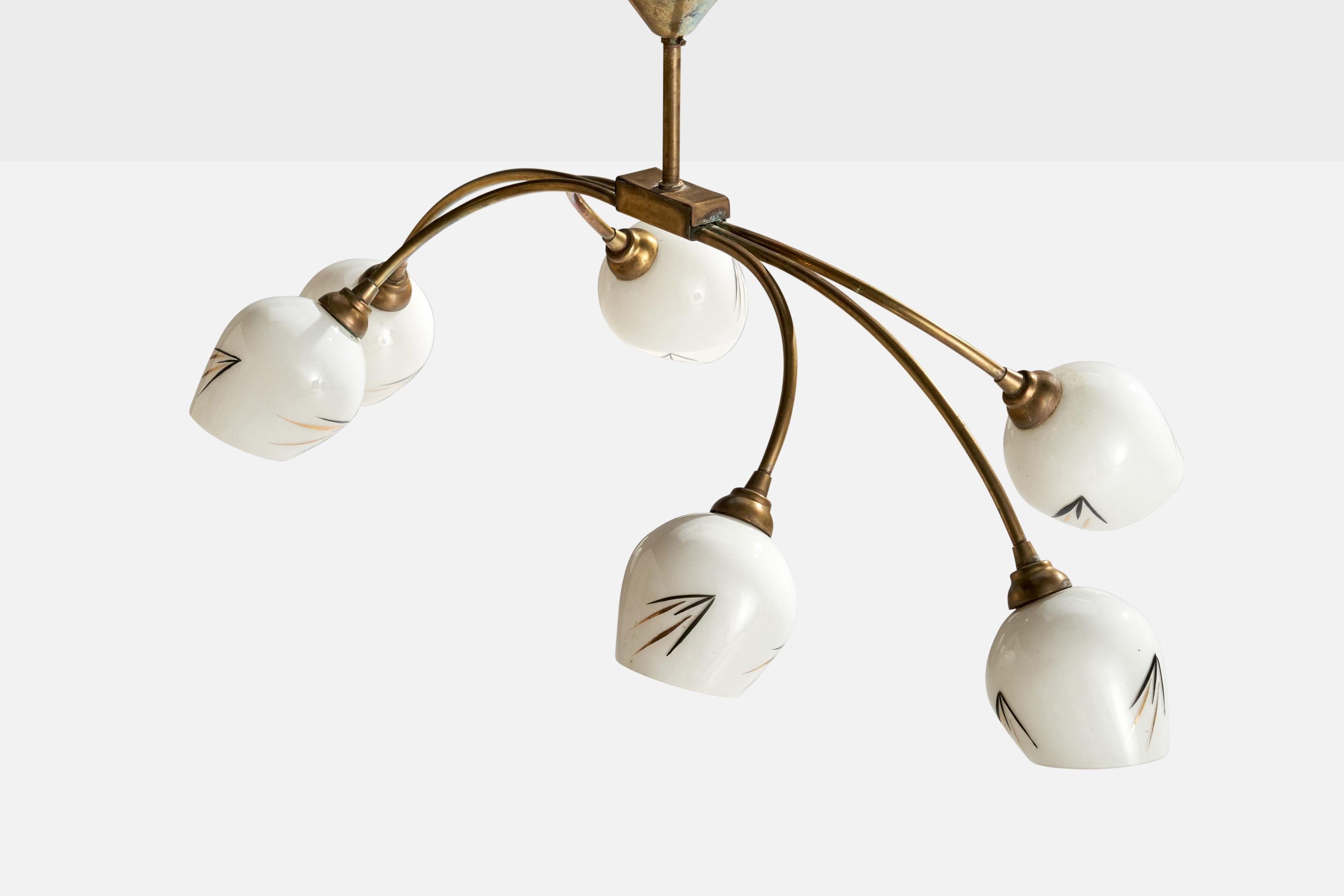 Mid-20th Century French Designer, Chandelier, Brass, Glass, France, 1950s For Sale