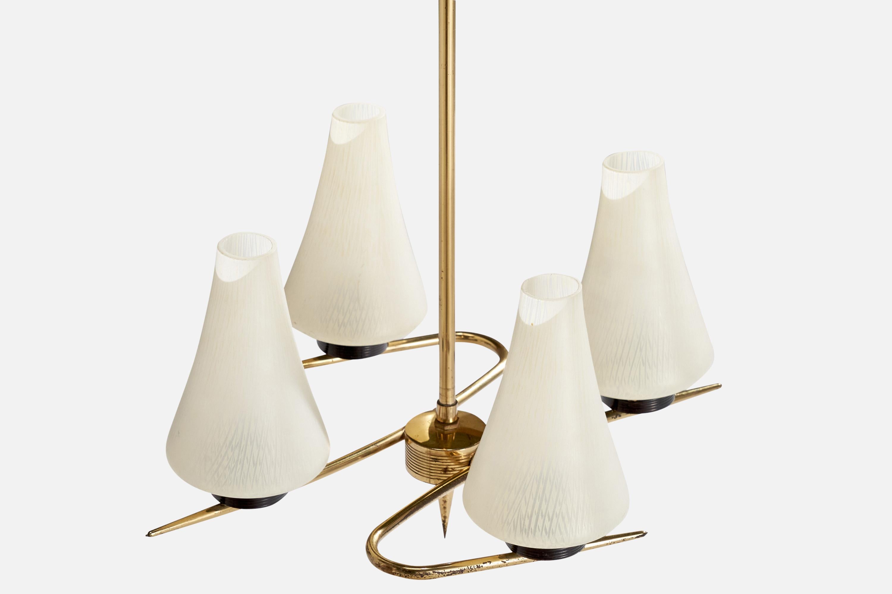 Mid-20th Century French Designer, Chandelier, Brass, Glass,  France, 1950s For Sale