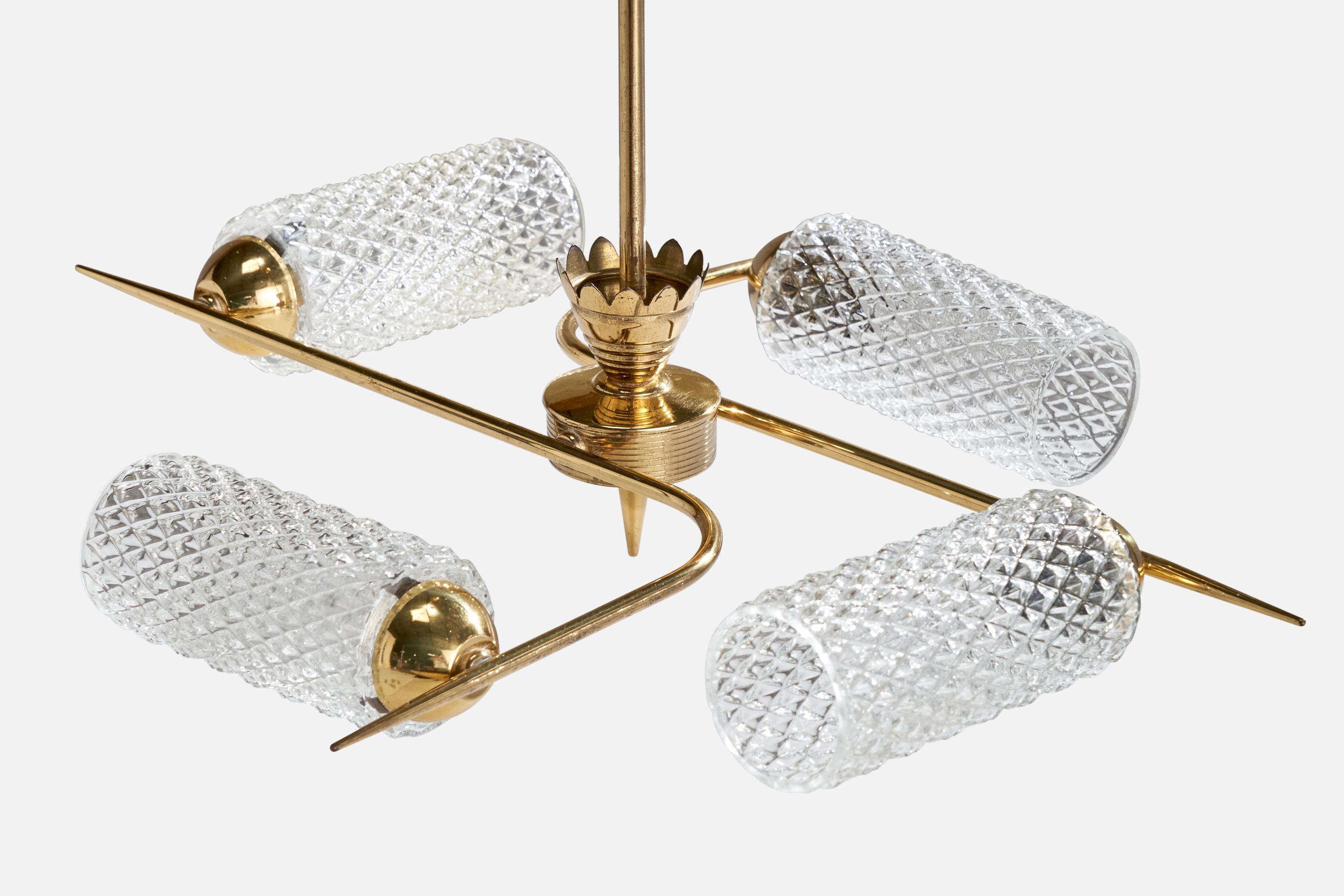 Mid-20th Century French Designer, Chandelier, Brass, Glass, France, 1950s