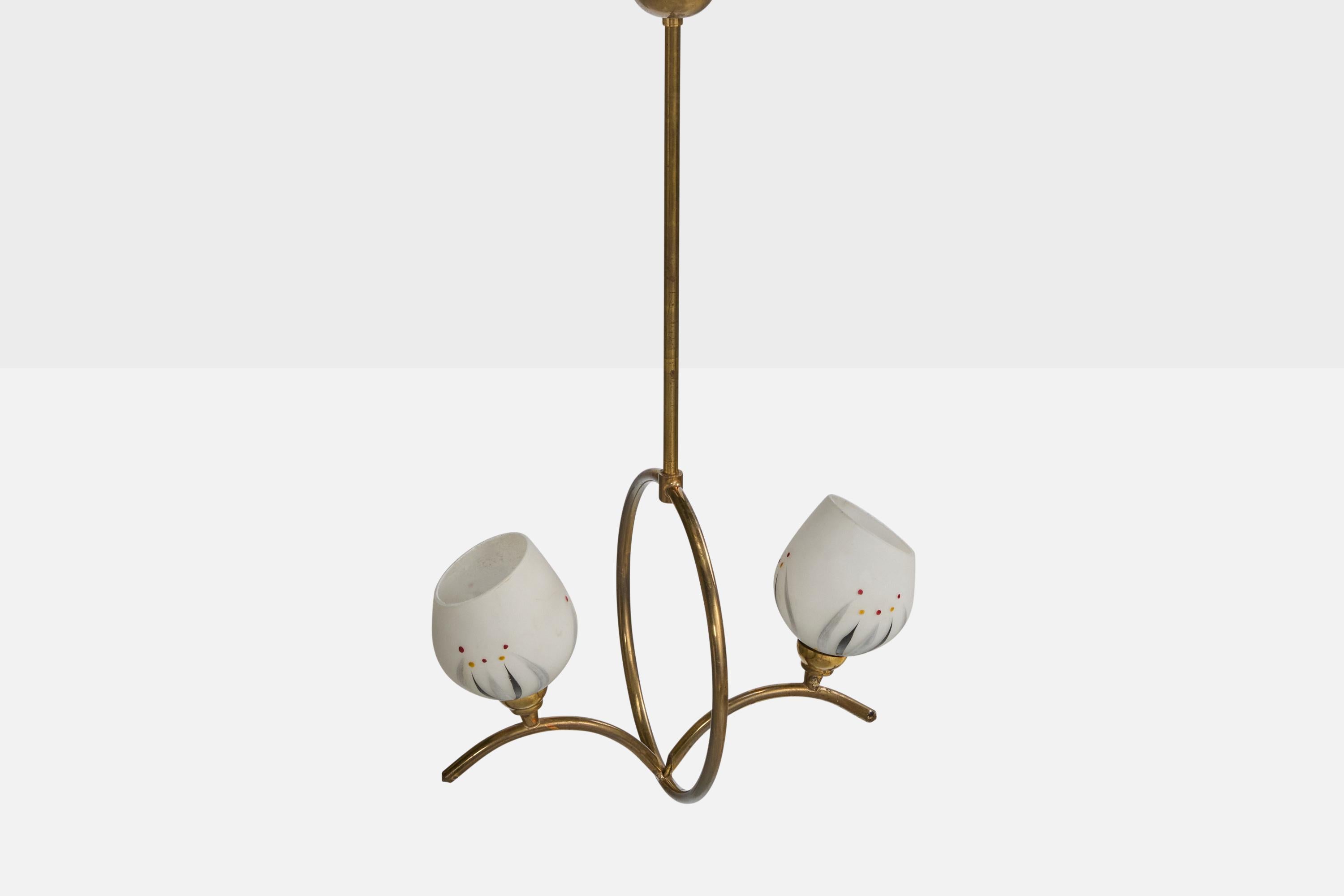 Mid-20th Century French Designer, Chandelier, Brass, Glass, France, 1950s For Sale