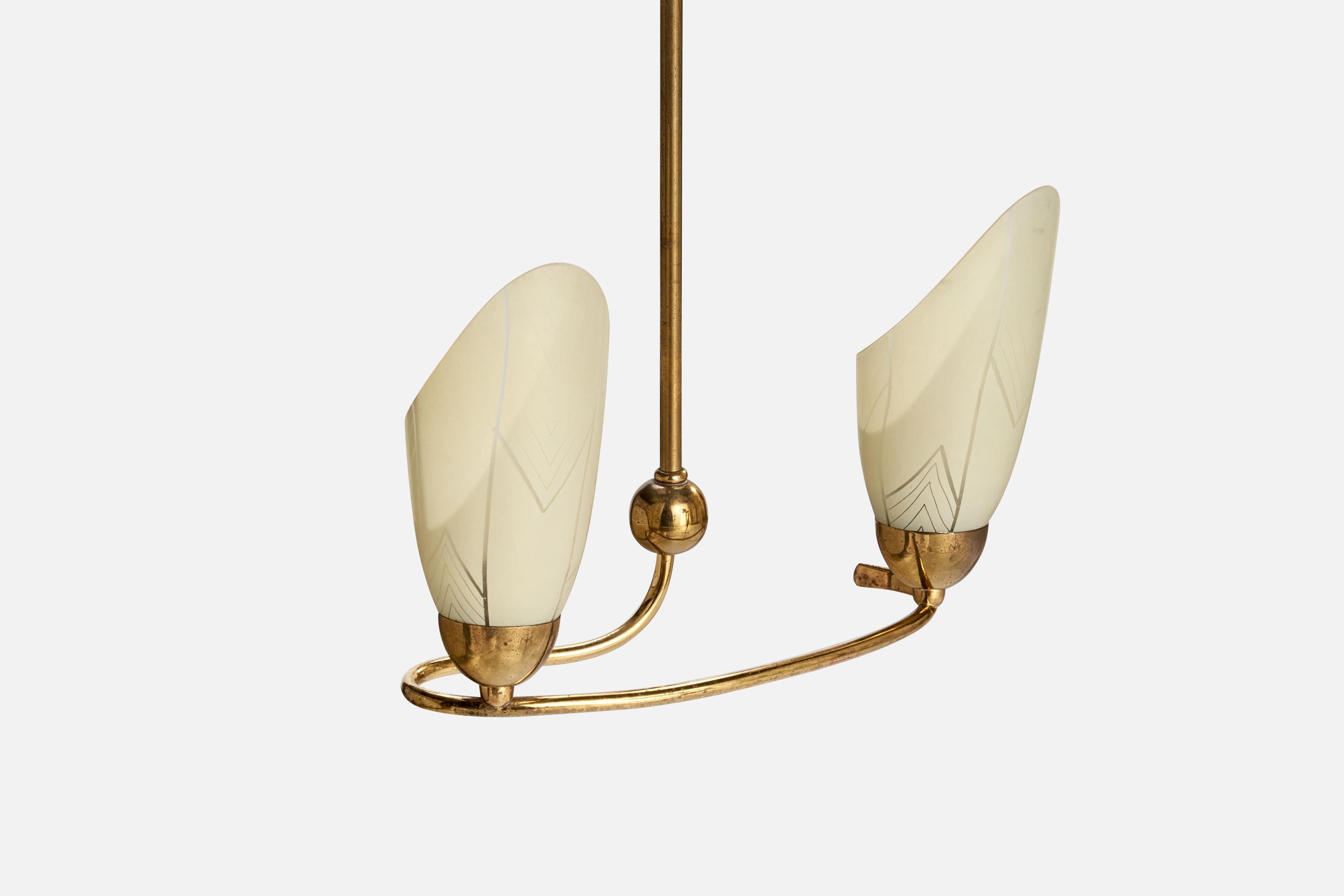 French Designer, Chandelier, Brass, Glass, France, 1950s For Sale 1