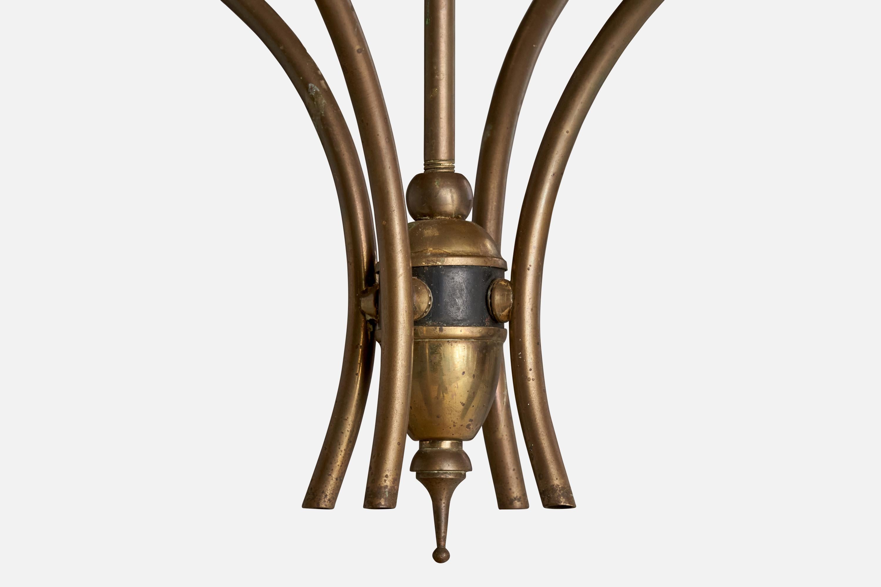 Ottone Designer francese, lampadario, ottone, vetro, Francia, anni '1950 in vendita