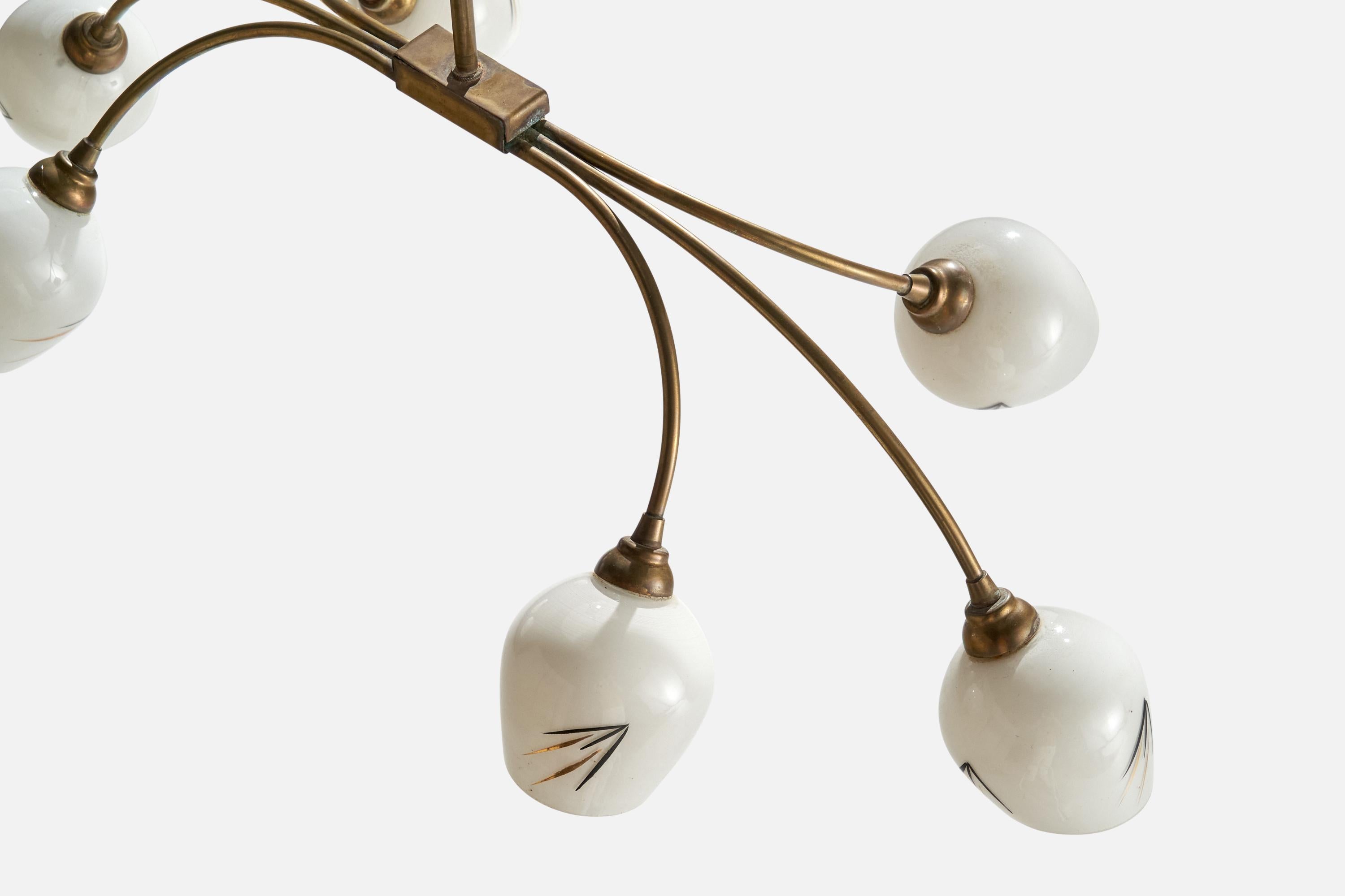 French Designer, Chandelier, Brass, Glass, France, 1950s For Sale 1
