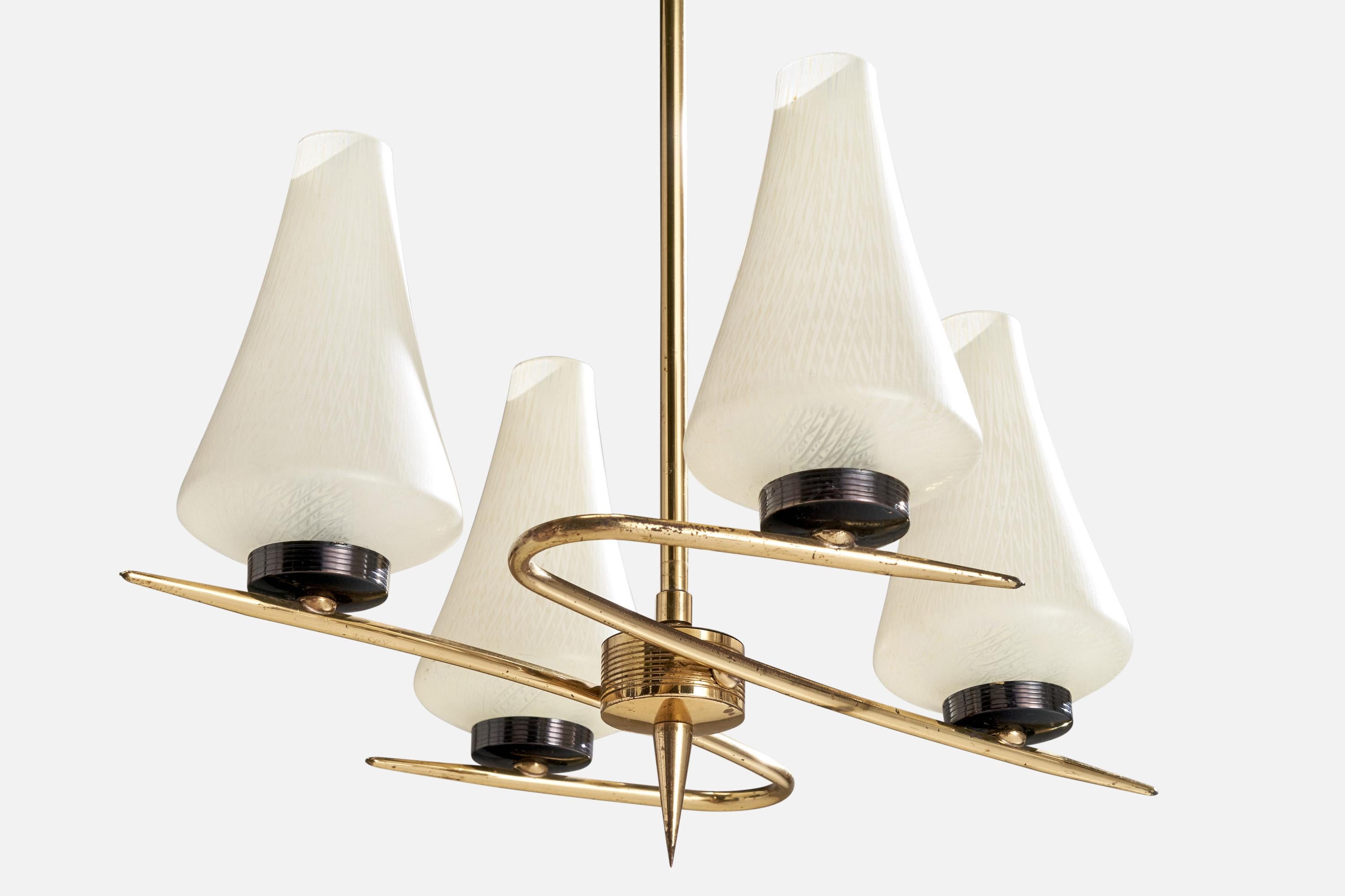 French Designer, Chandelier, Brass, Glass,  France, 1950s For Sale 1