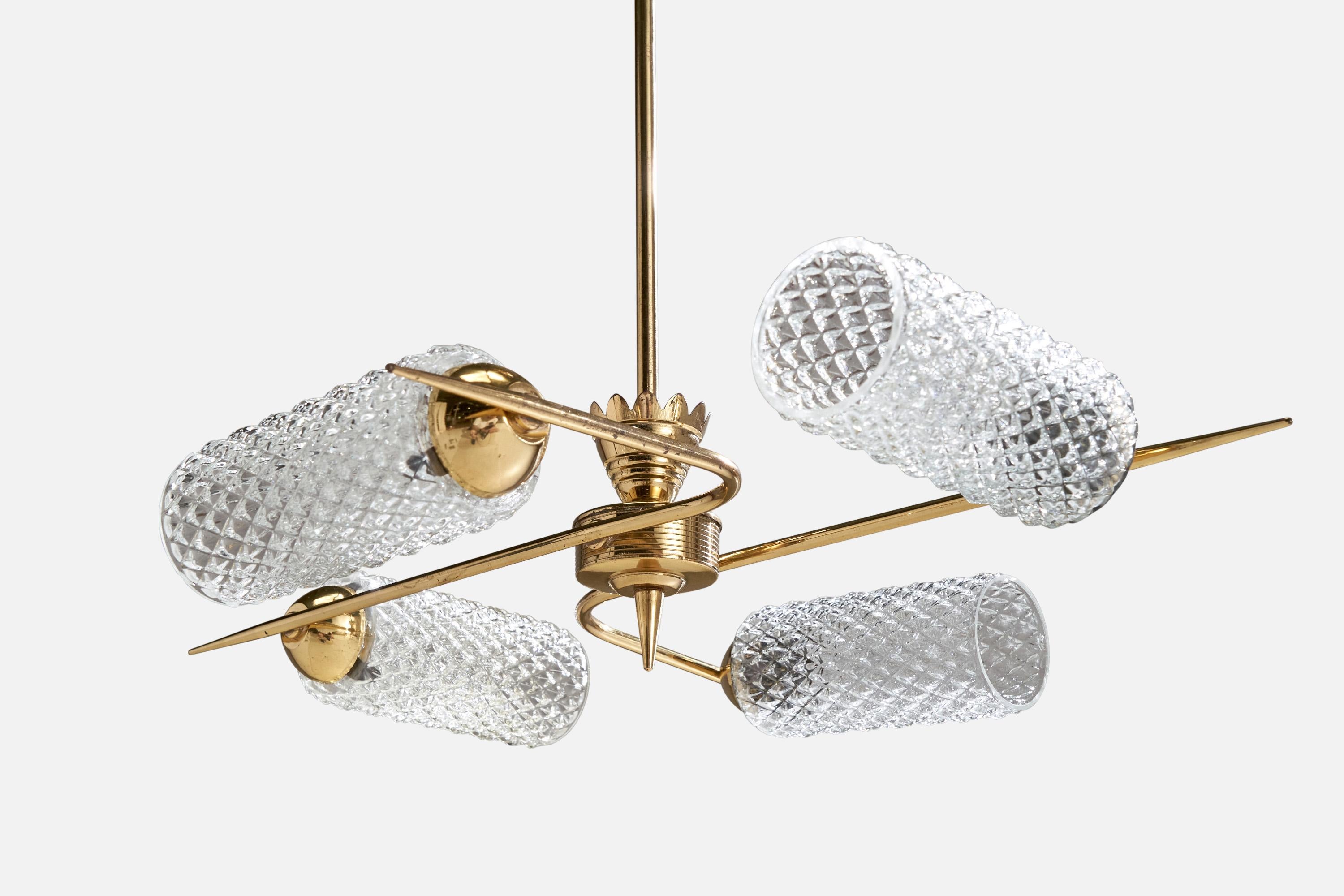 French Designer, Chandelier, Brass, Glass, France, 1950s 1