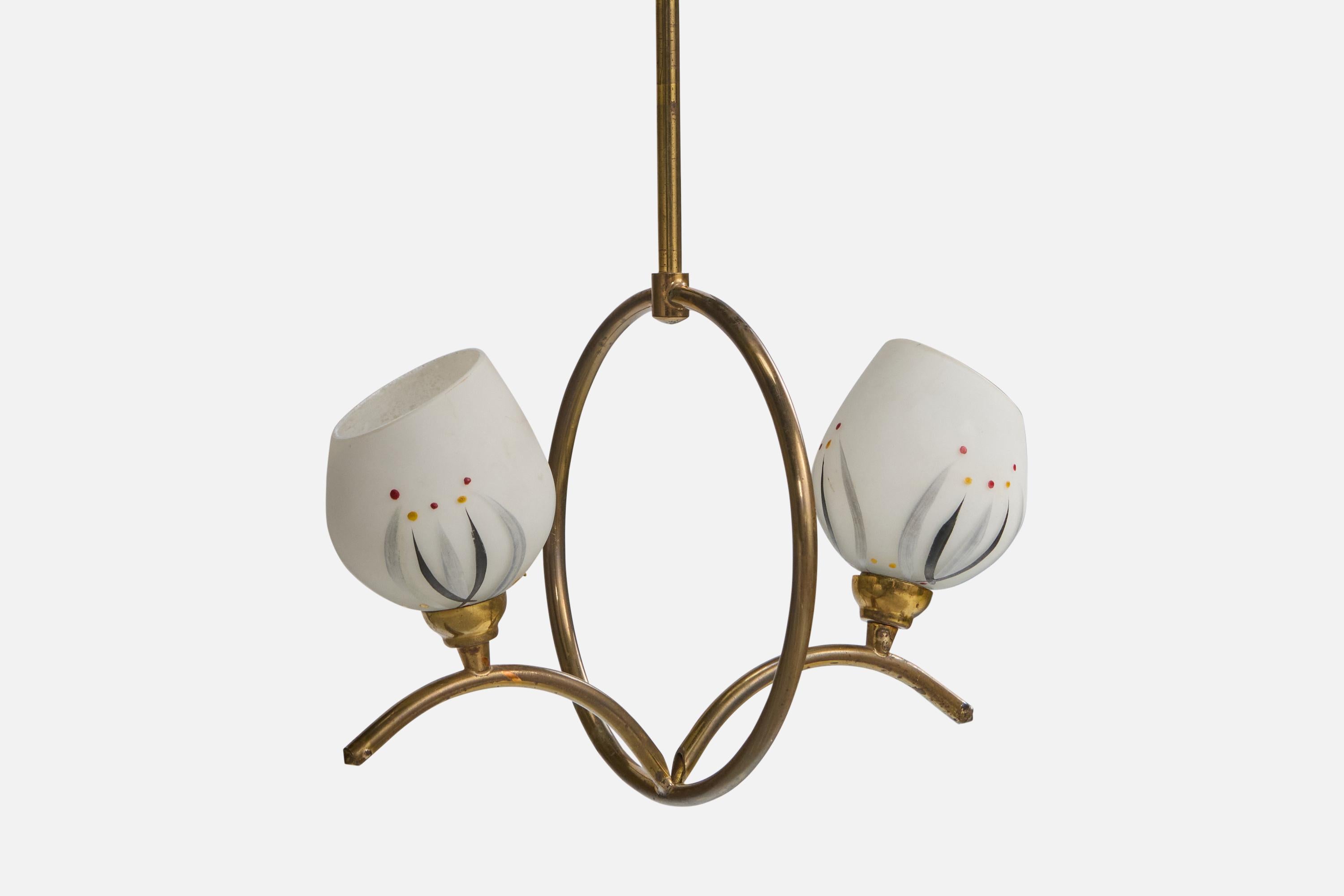 French Designer, Chandelier, Brass, Glass, France, 1950s For Sale 1