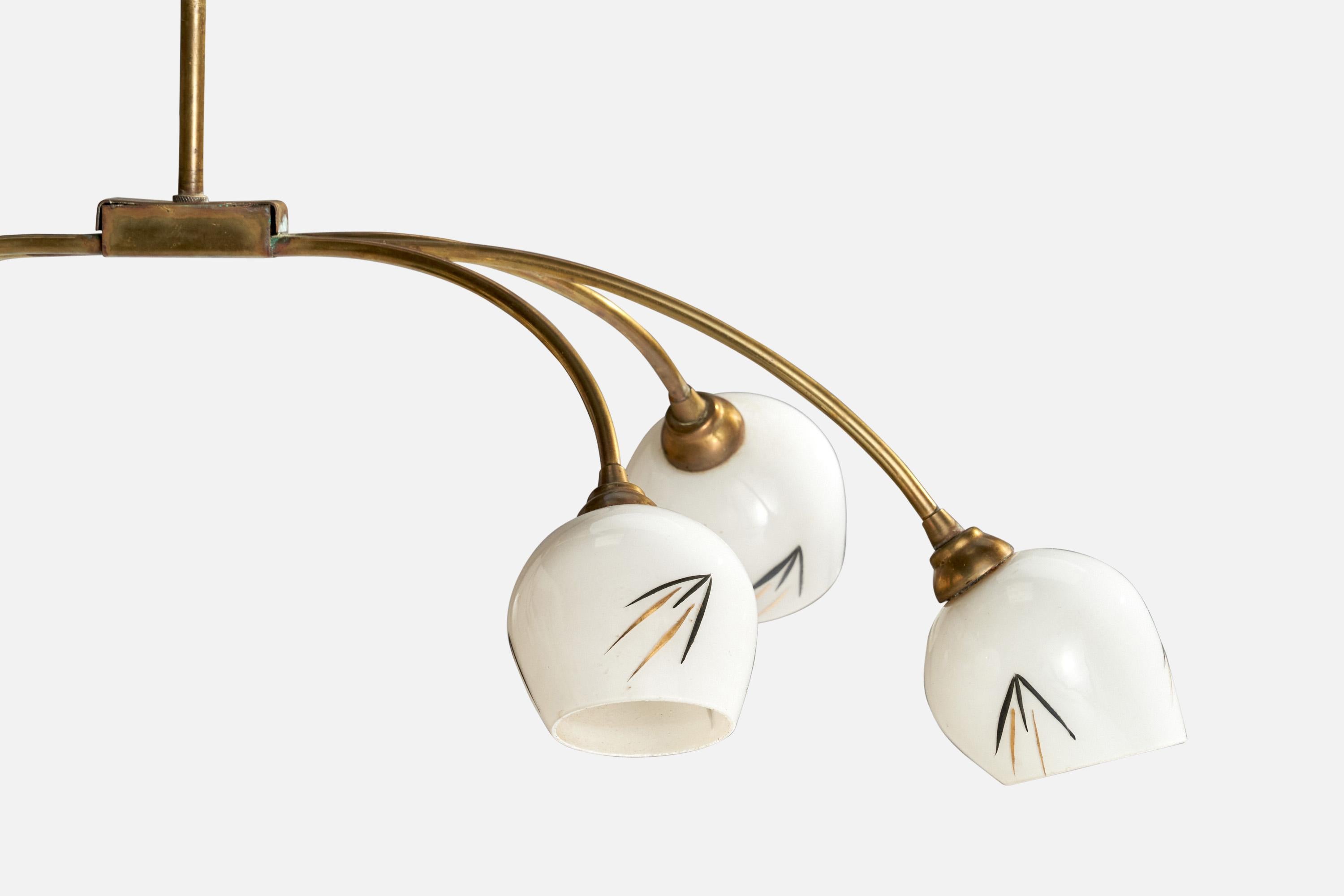 French Designer, Chandelier, Brass, Glass, France, 1950s For Sale 2