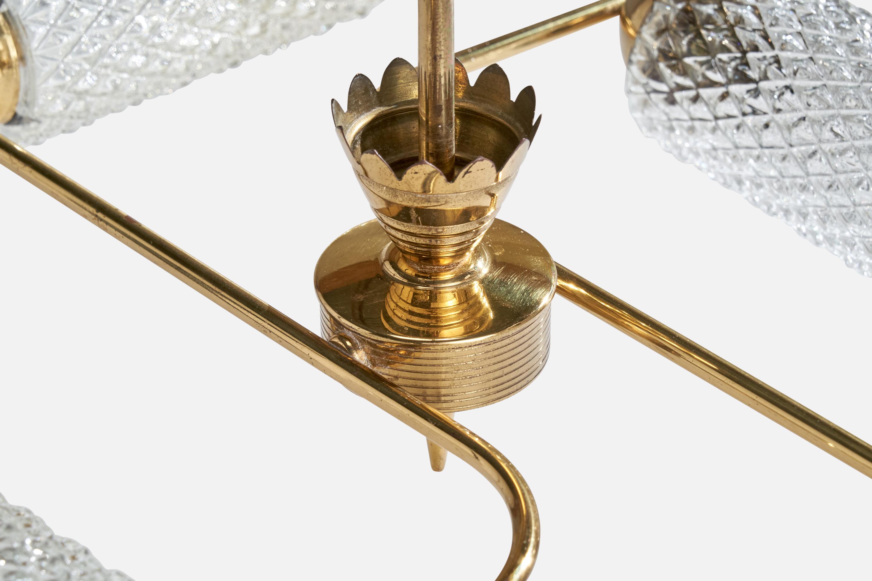 French Designer, Chandelier, Brass, Glass, France, 1950s 2