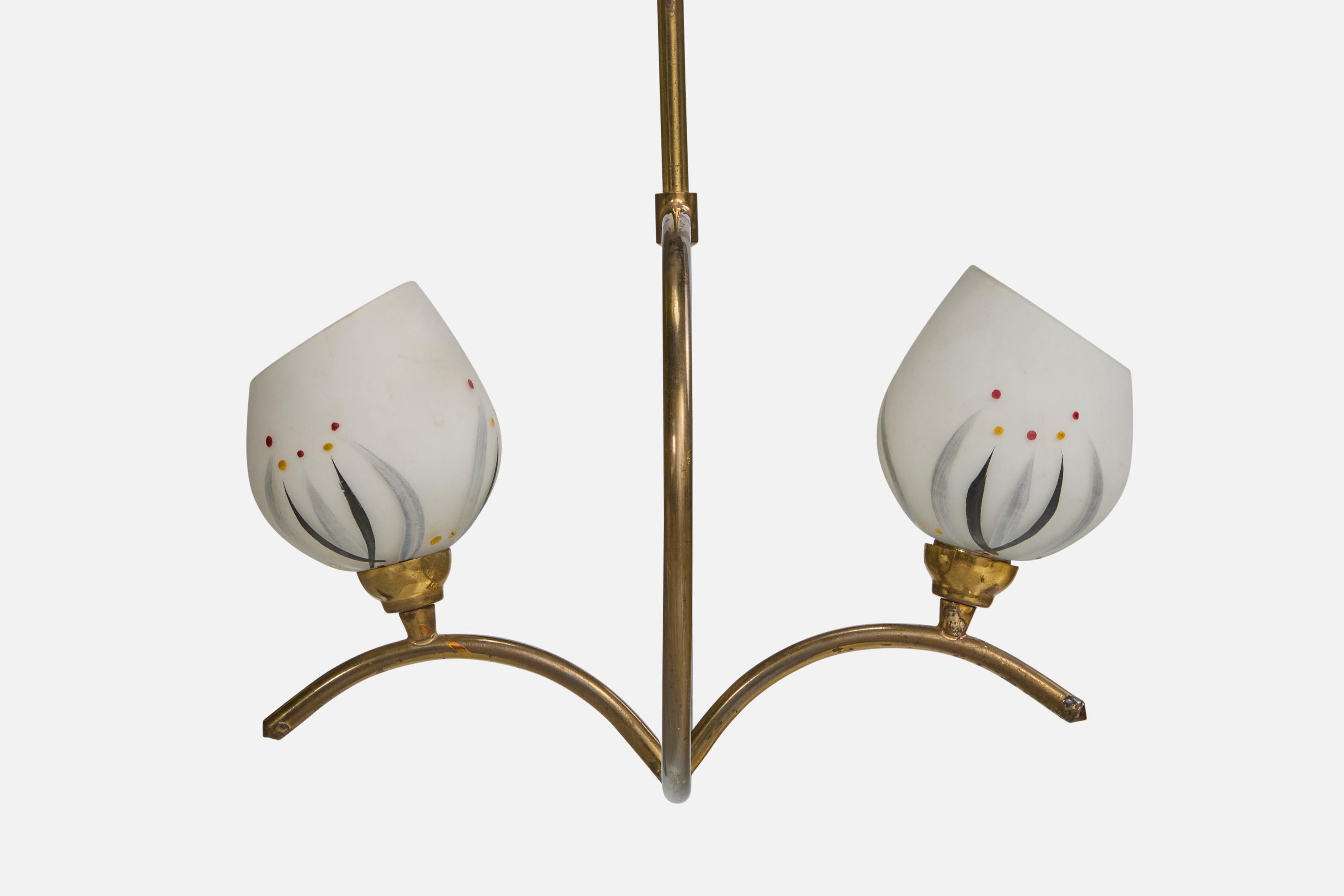 French Designer, Chandelier, Brass, Glass, France, 1950s For Sale 2