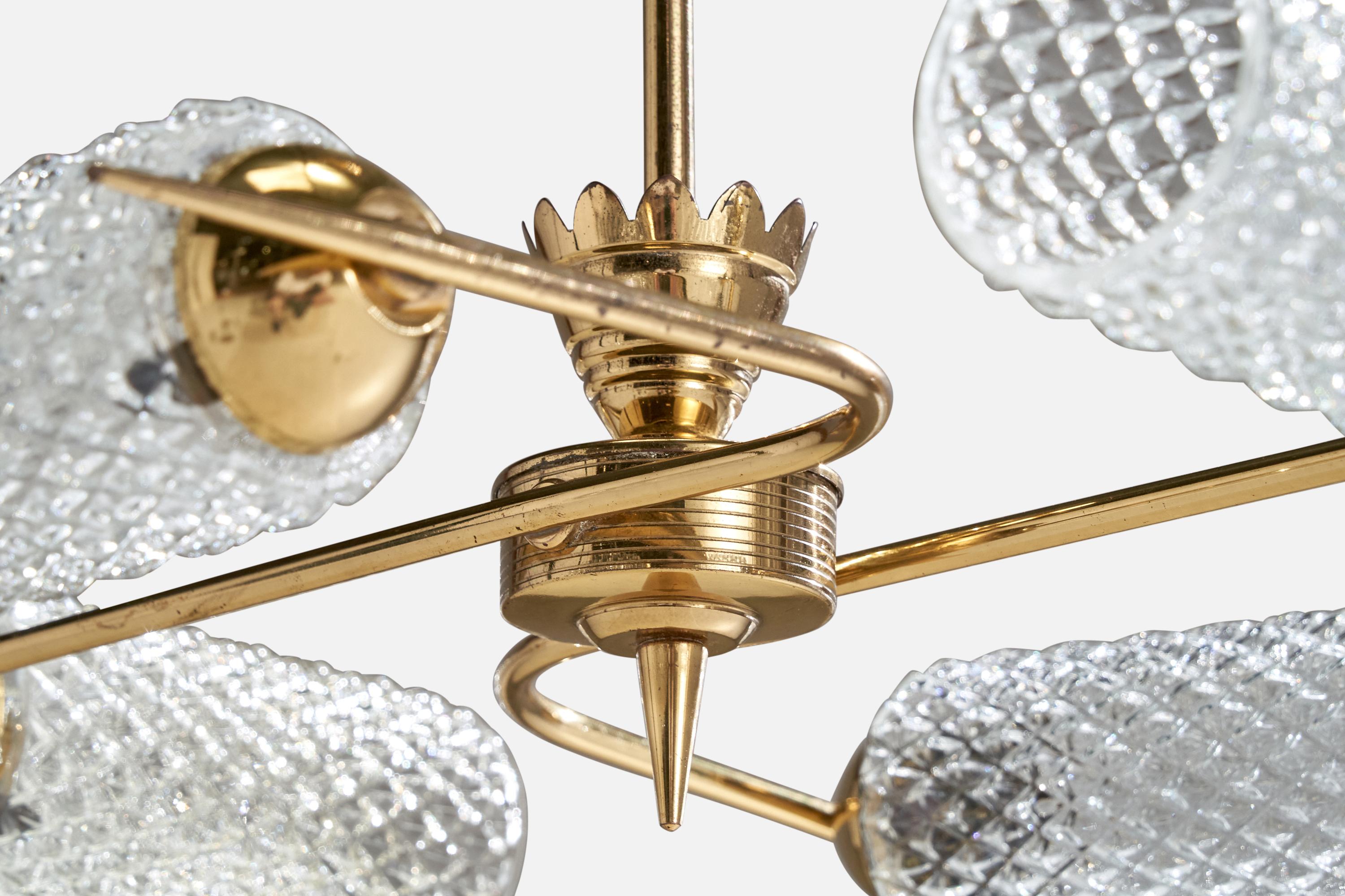 French Designer, Chandelier, Brass, Glass, France, 1950s 3
