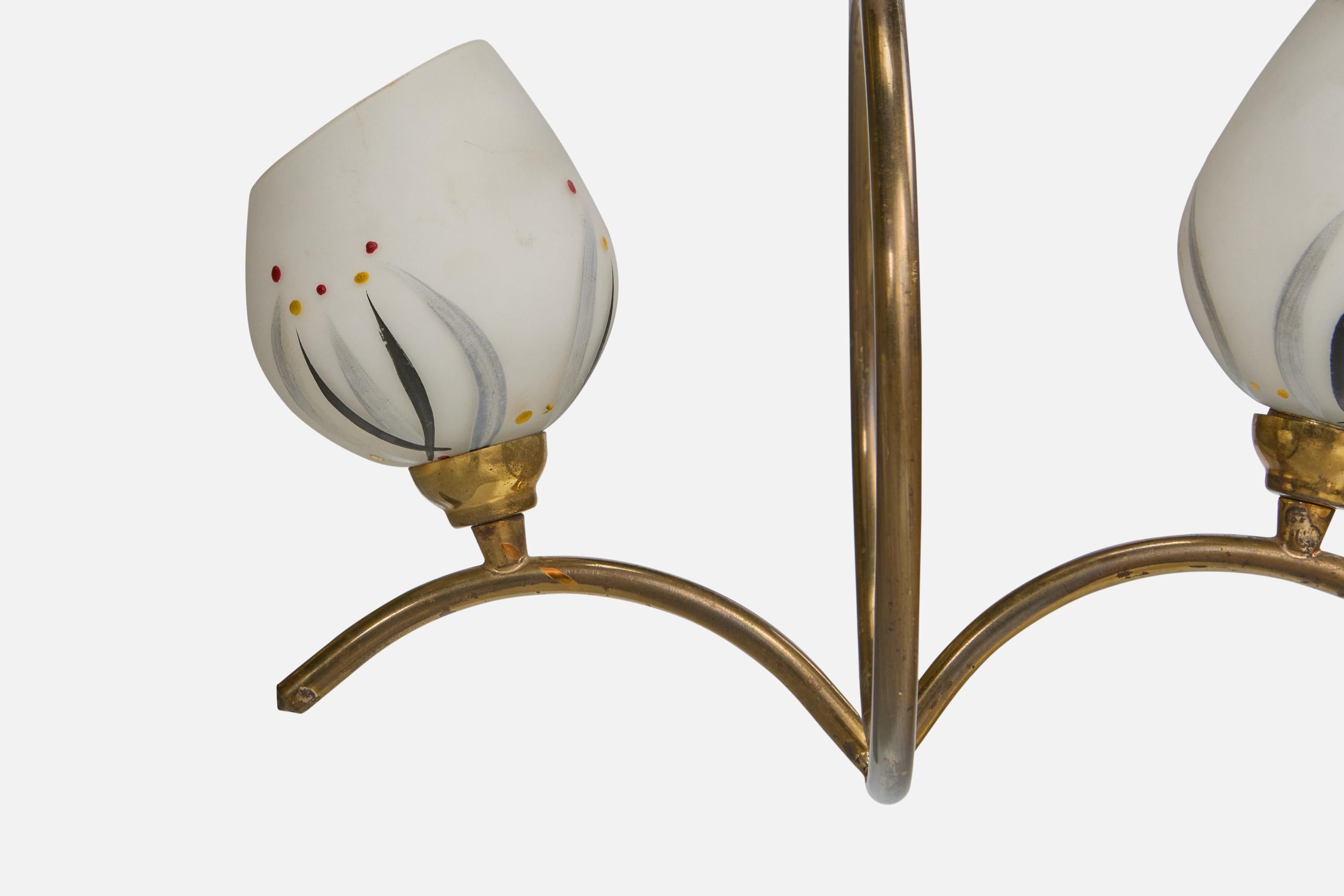 French Designer, Chandelier, Brass, Glass, France, 1950s For Sale 3