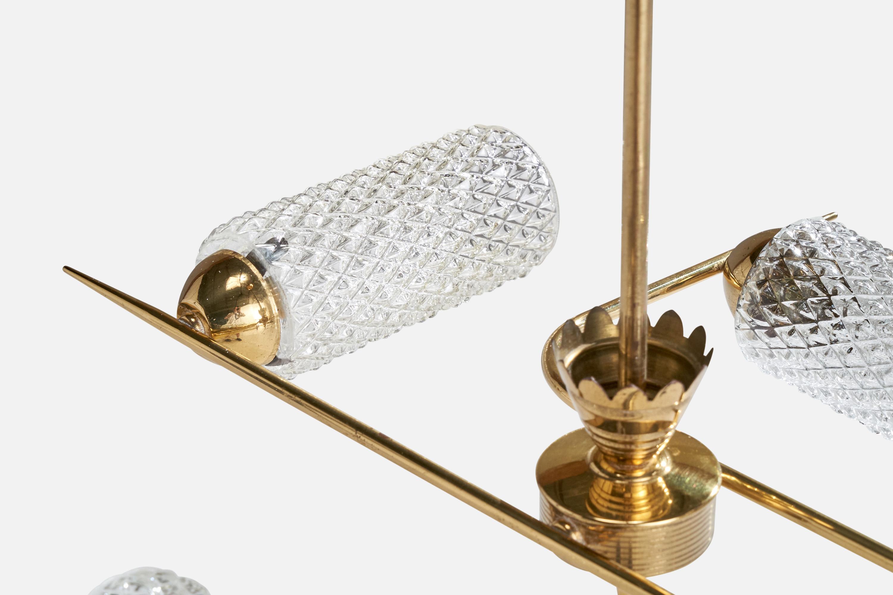 French Designer, Chandelier, Brass, Glass, France, 1950s 4
