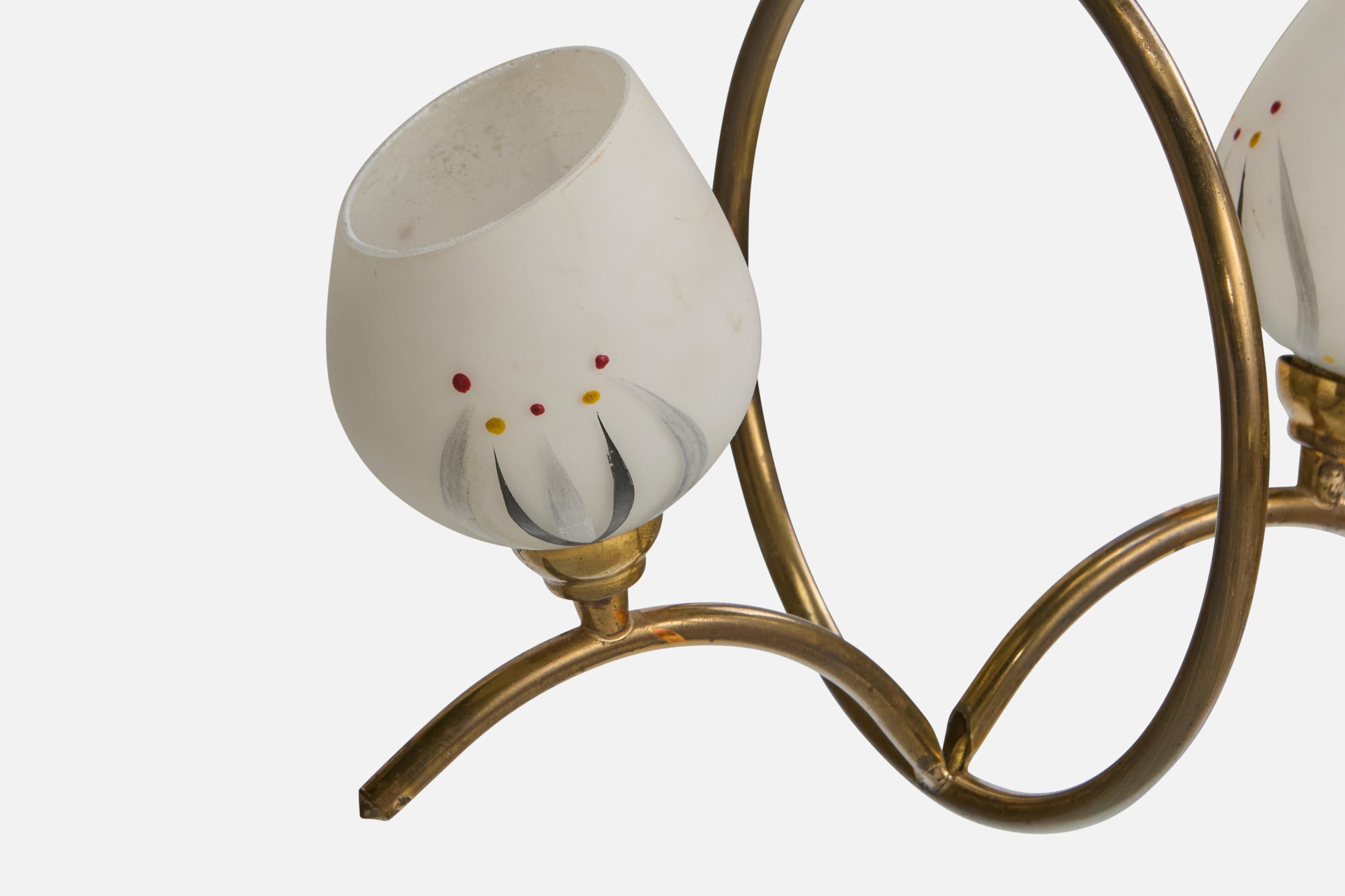 French Designer, Chandelier, Brass, Glass, France, 1950s For Sale 4