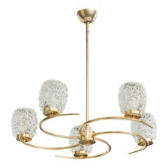 French Designer, Chandelier, Brass, Glass, France, 1950s