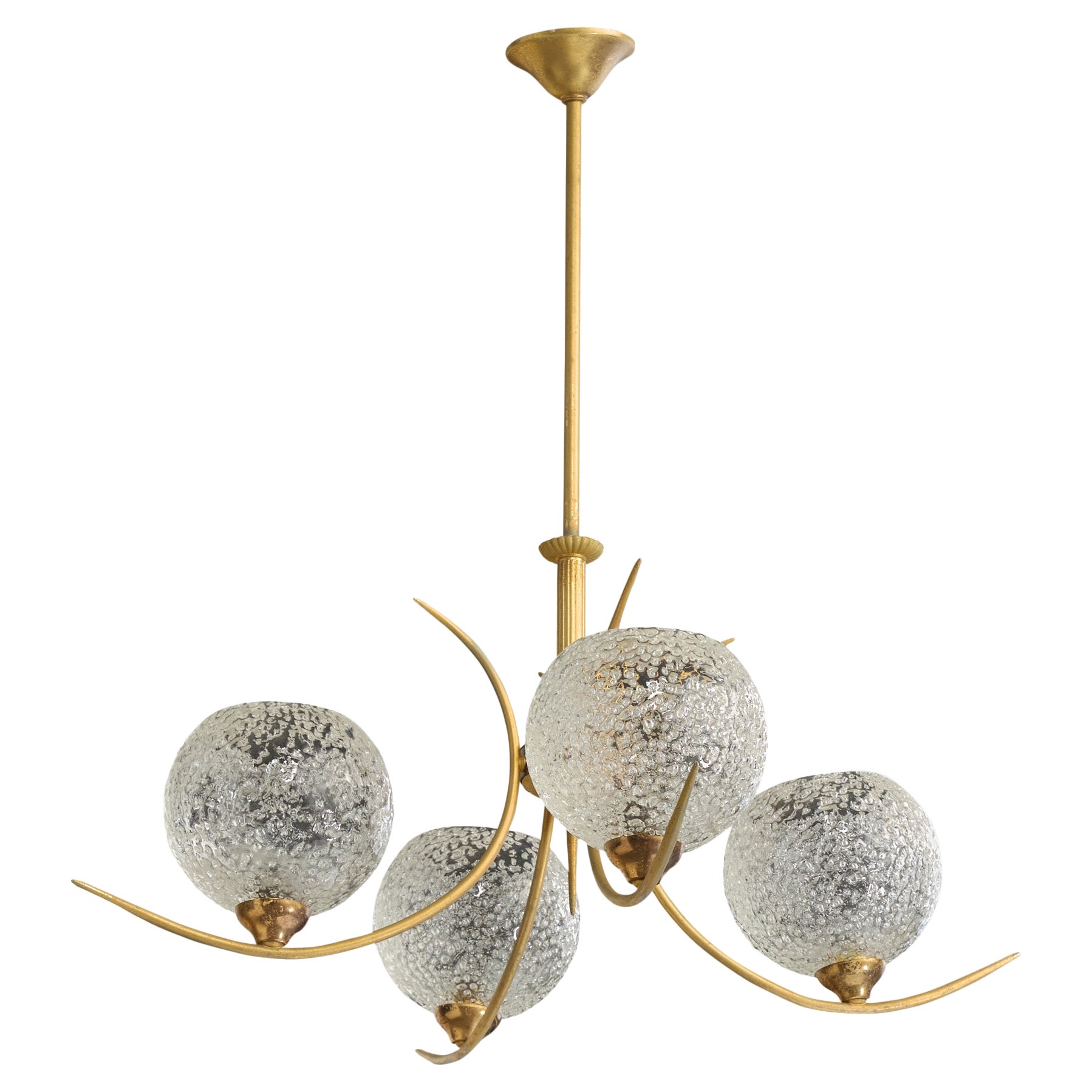 French Designer, Chandelier, Brass, Glass, France, 1950s
