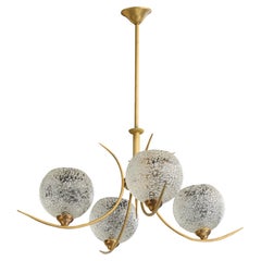 French Designer, Chandelier, Brass, Glass, France, 1950s