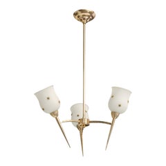 French Designer, Chandelier, Brass, Glass, France, 1950s