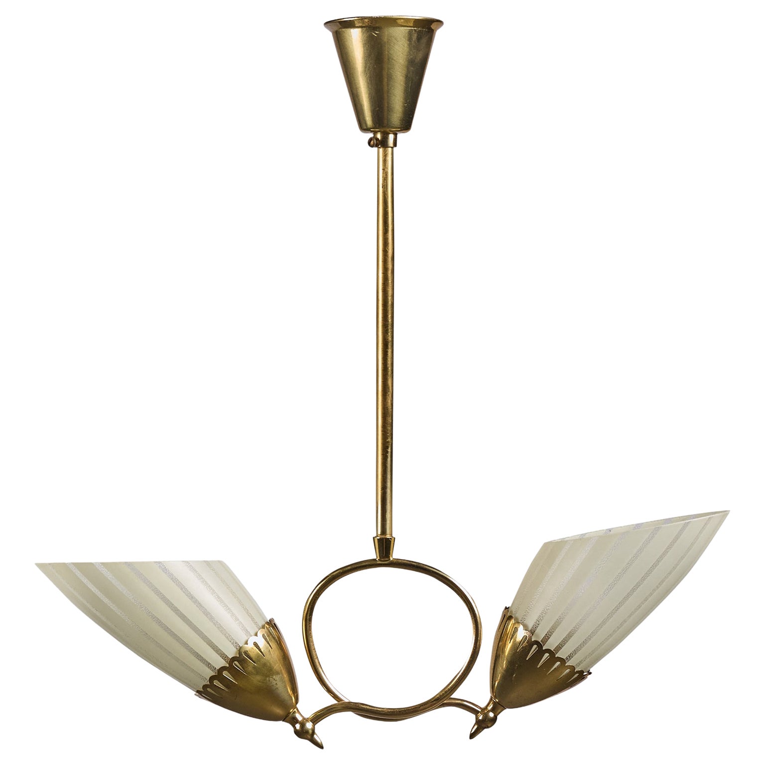 French Designer, Chandelier, Brass, Glass, France, 1950s