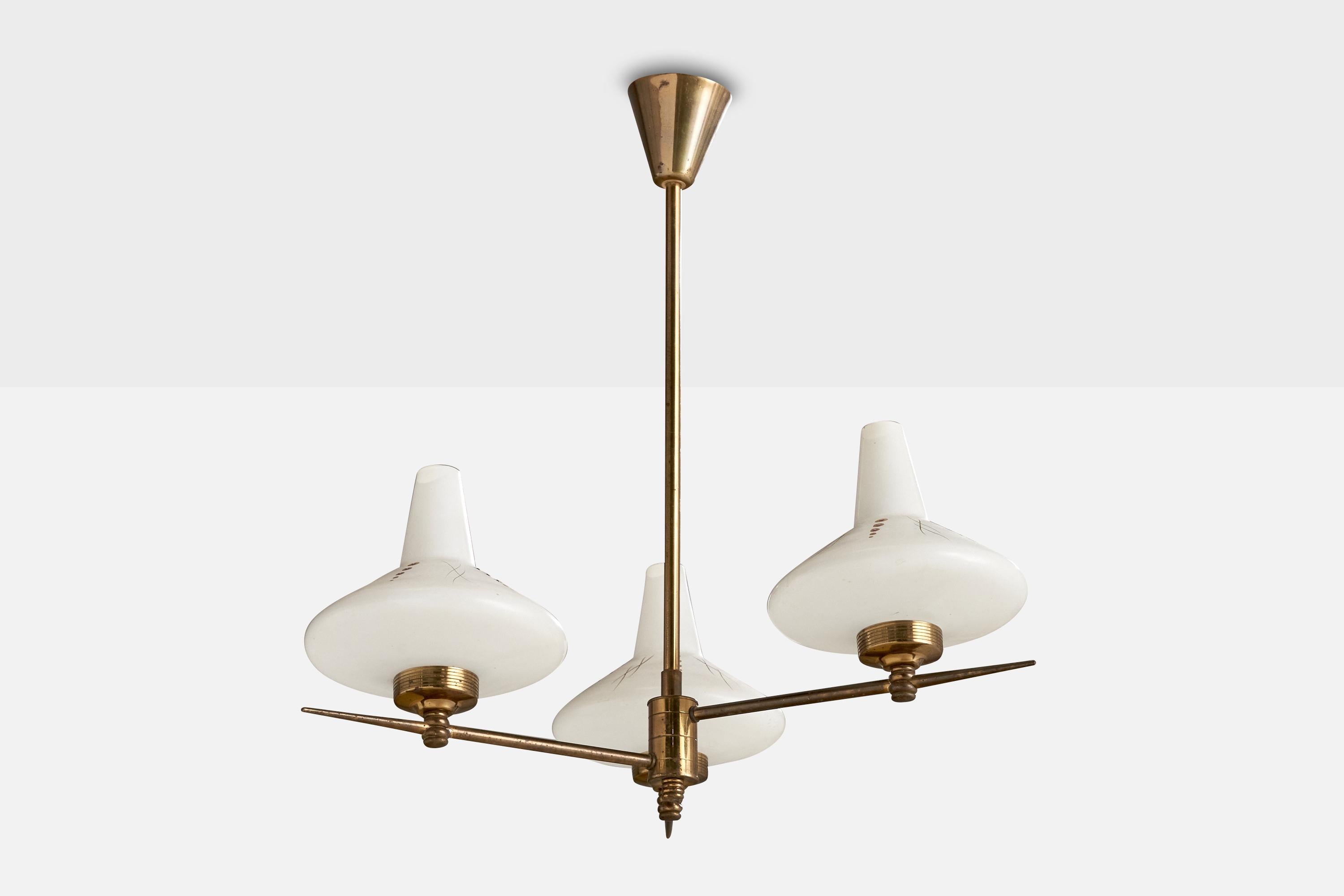 A brass and glass chandelier designed and produced in France, c. 1960s.

Overall Dimensions (inches): 18.75” H x 16.75 ” Diameter
Dimensions of Canopy:  2.75” H x 2.75” W x 2.75” D
Stem length: 13.75”H
Bulb Specifications: Bayonet Bulbs
Number of