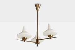 French Designer, Chandelier, Brass, Glass, France, 1960s