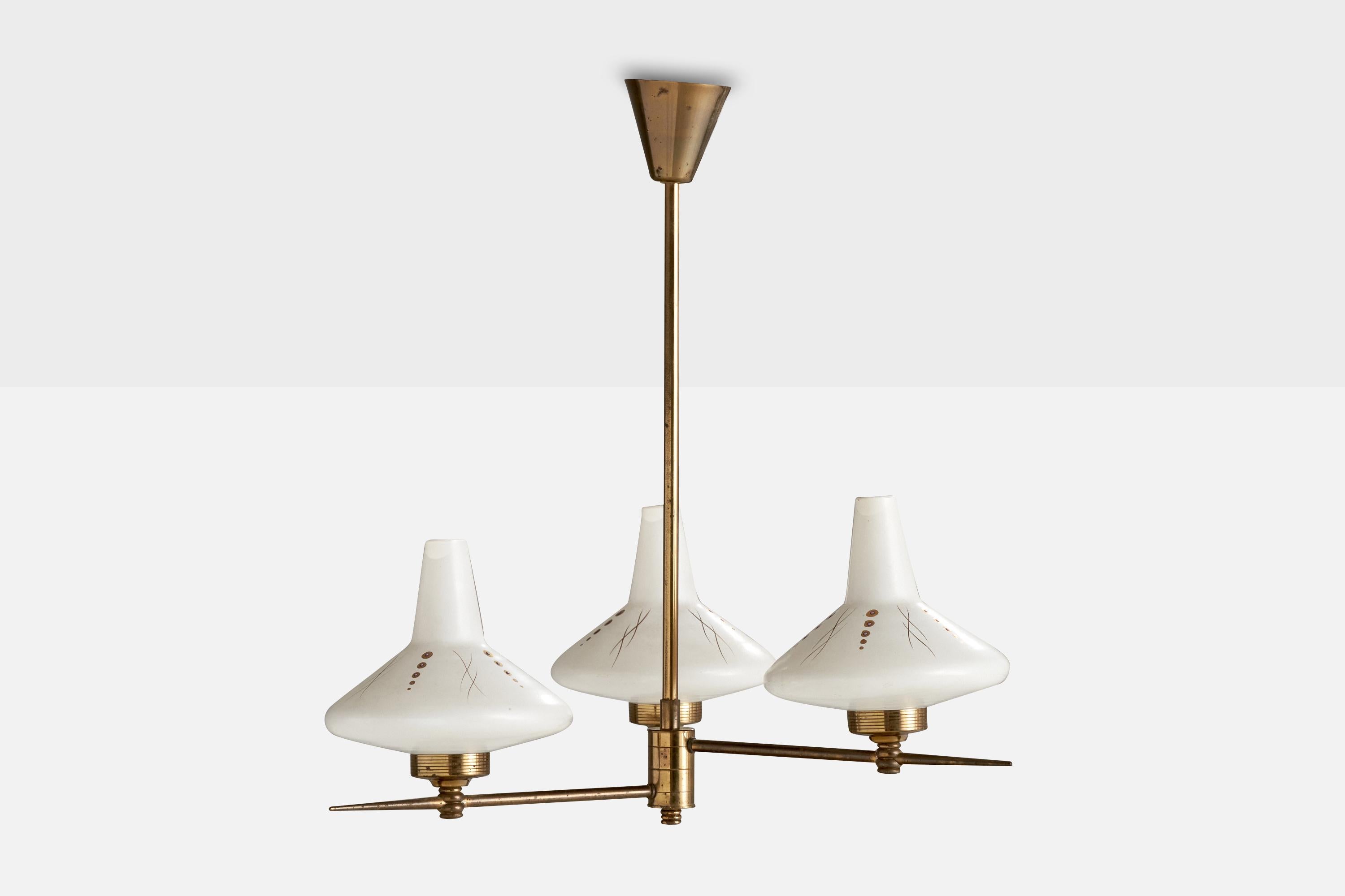 Mid-Century Modern French Designer, Chandelier, Brass, Glass, France, 1960s For Sale