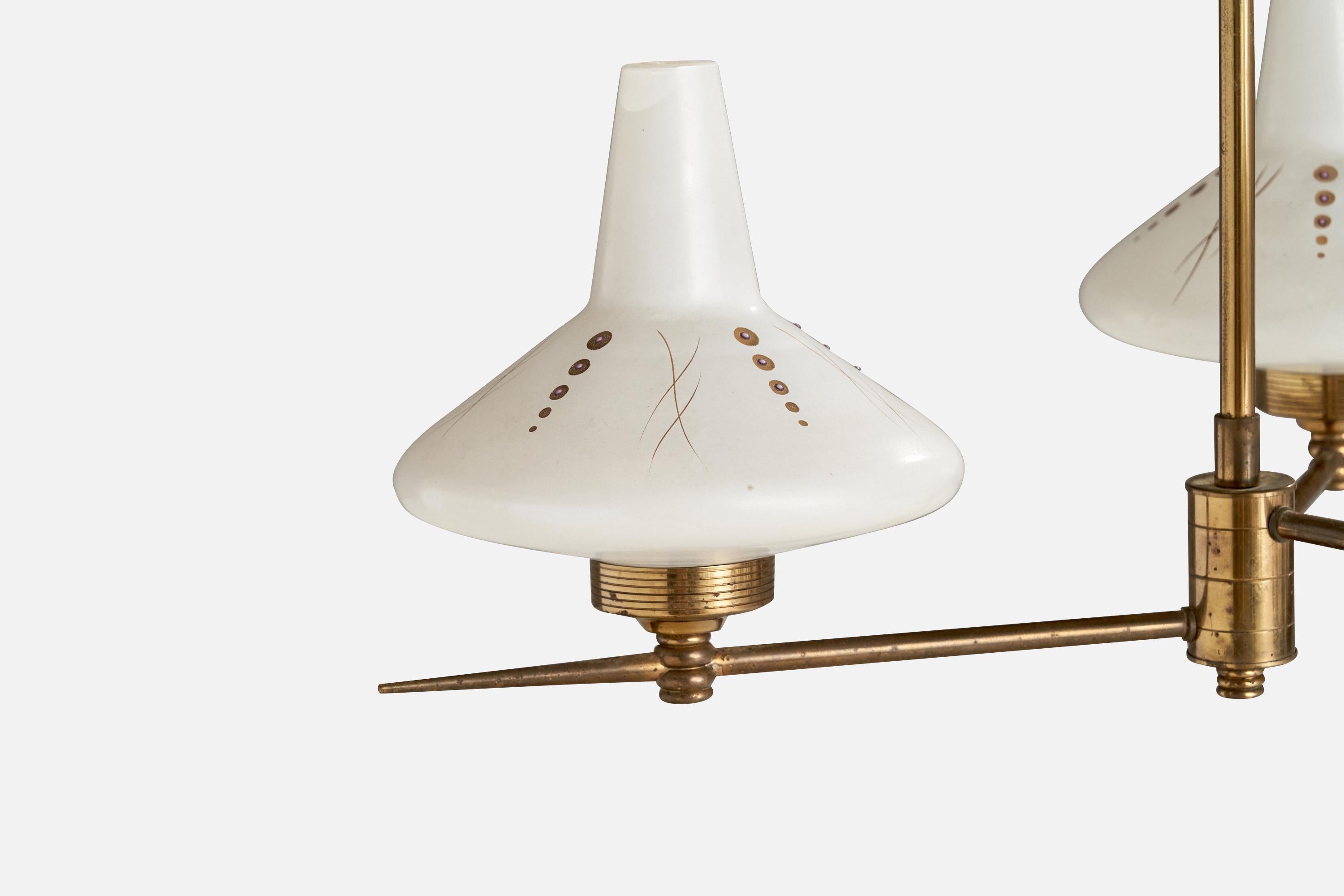 French Designer, Chandelier, Brass, Glass, France, 1960s For Sale 1