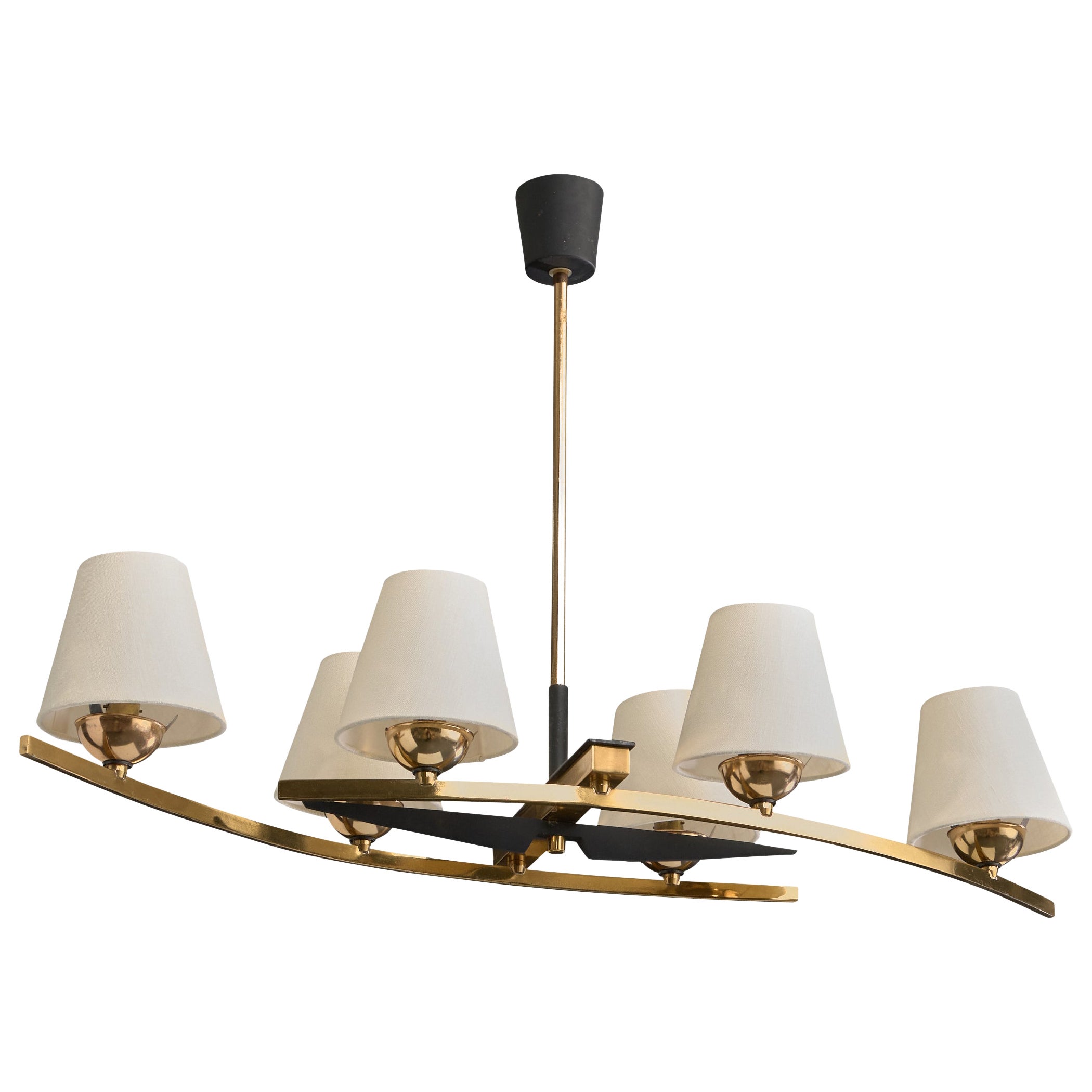 French Designer, Chandelier, Brass, Metal, Fabric, France, 1960s