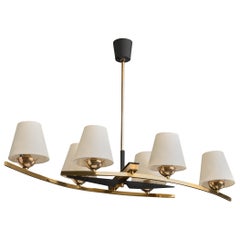 French Designer, Chandelier, Brass, Metal, Fabric, France, 1960s