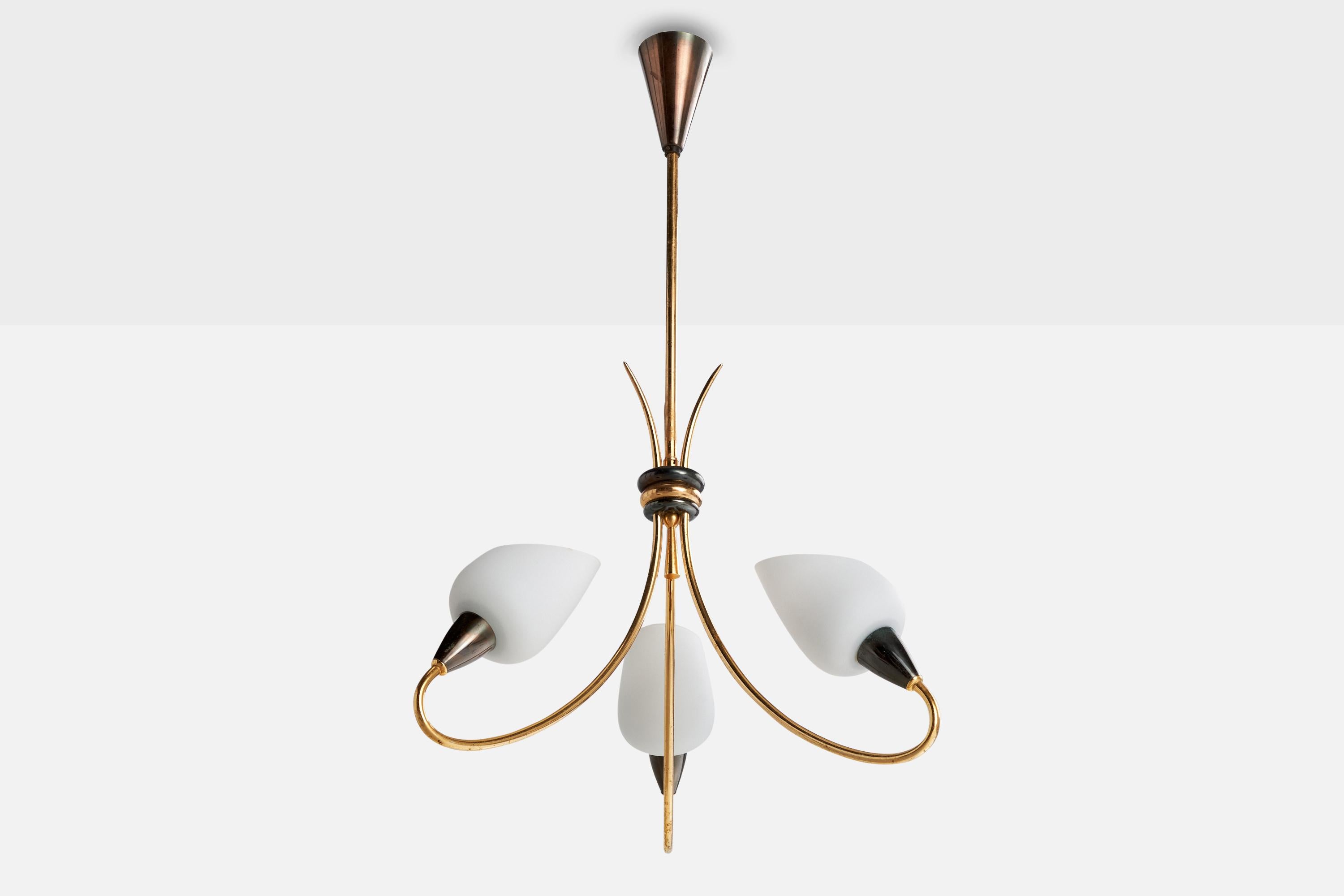 A brass, black-lacquered metal and white opaline glass chandelier designed and produced in France, c. 1950s.

Overall Dimensions (inches): 27” H x  15.5” Diameter

Dimensions of Canopy:  4” H x 2.5” diameter 

Stem length: 12” H

Bulb