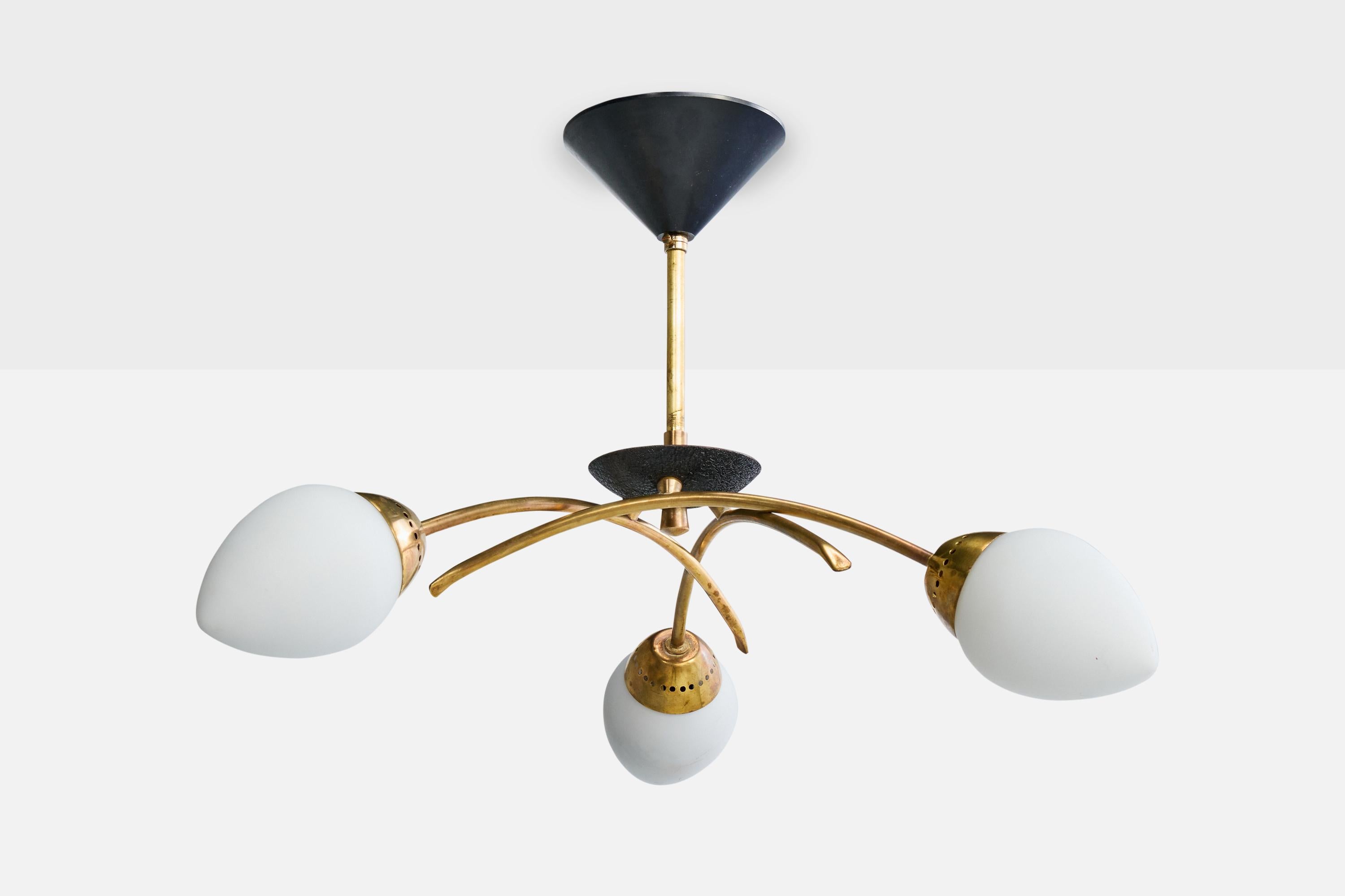 A brass, black-lacquered metal and white opaline glass chandelier designed and produced in France, c. 1950s.

Overall Dimensions (inches): 12.5
