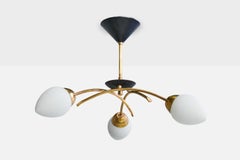 French Designer, Chandelier, Brass, Metal, Glass, France, 1950s