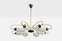 French Designer, Chandelier, Brass, Metal, Glass, France, 1950s
