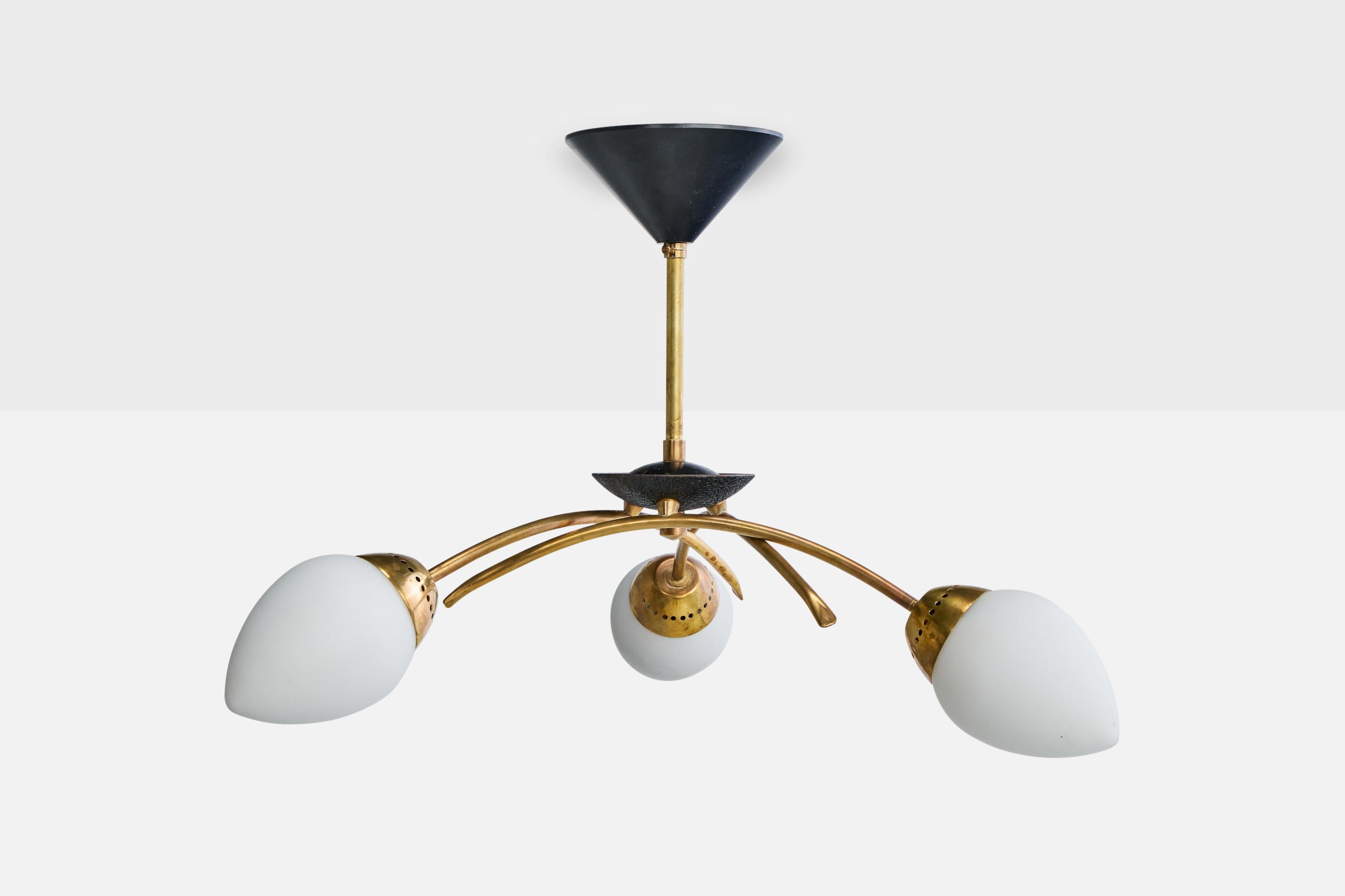 Mid-Century Modern French Designer, Chandelier, Brass, Metal, Glass, France, 1950s For Sale