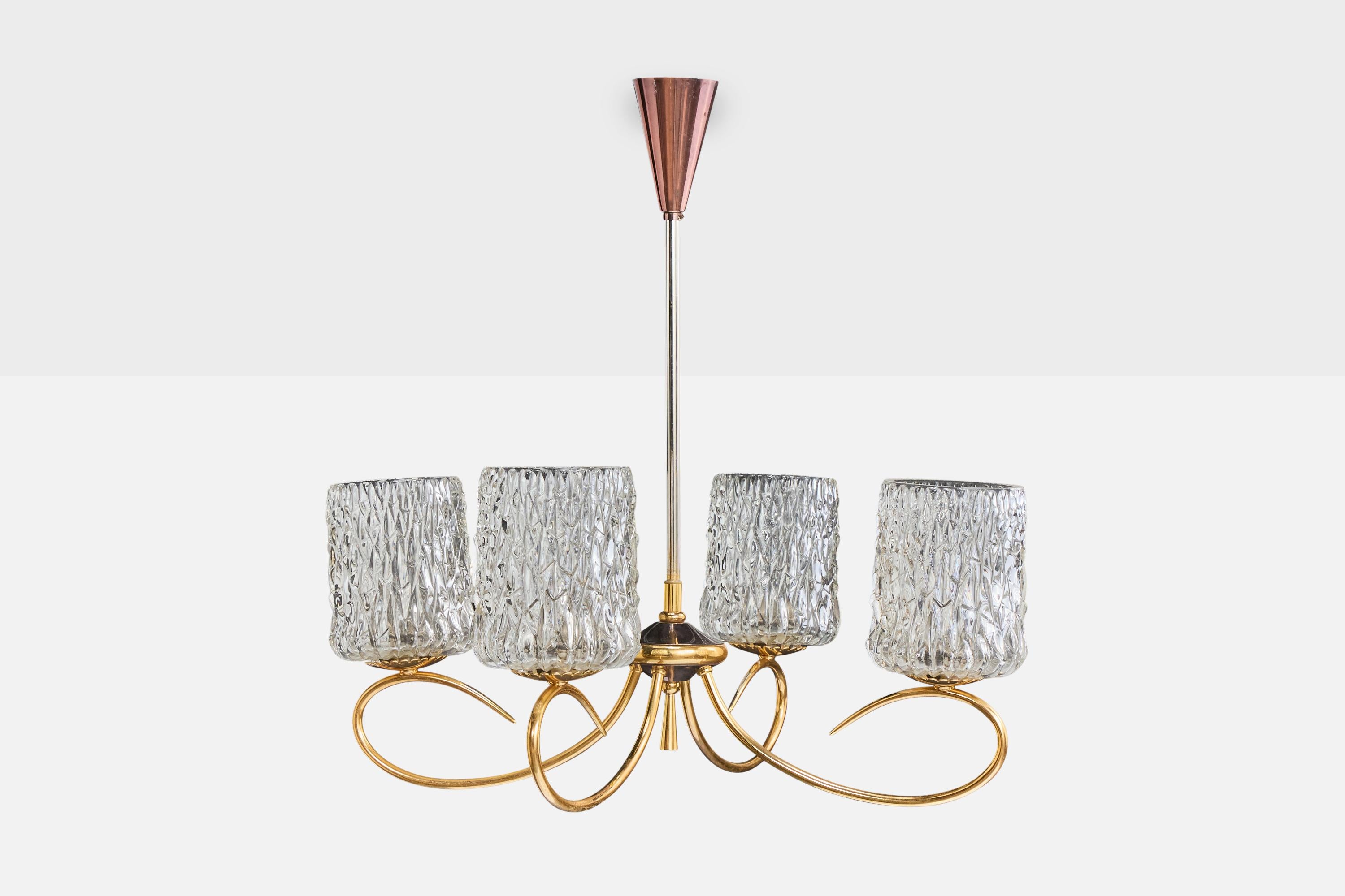 Französischer Designer, Kronleuchter, Messing, Metall, Glas, Frankreich, 1950er Jahre (Moderne der Mitte des Jahrhunderts) im Angebot