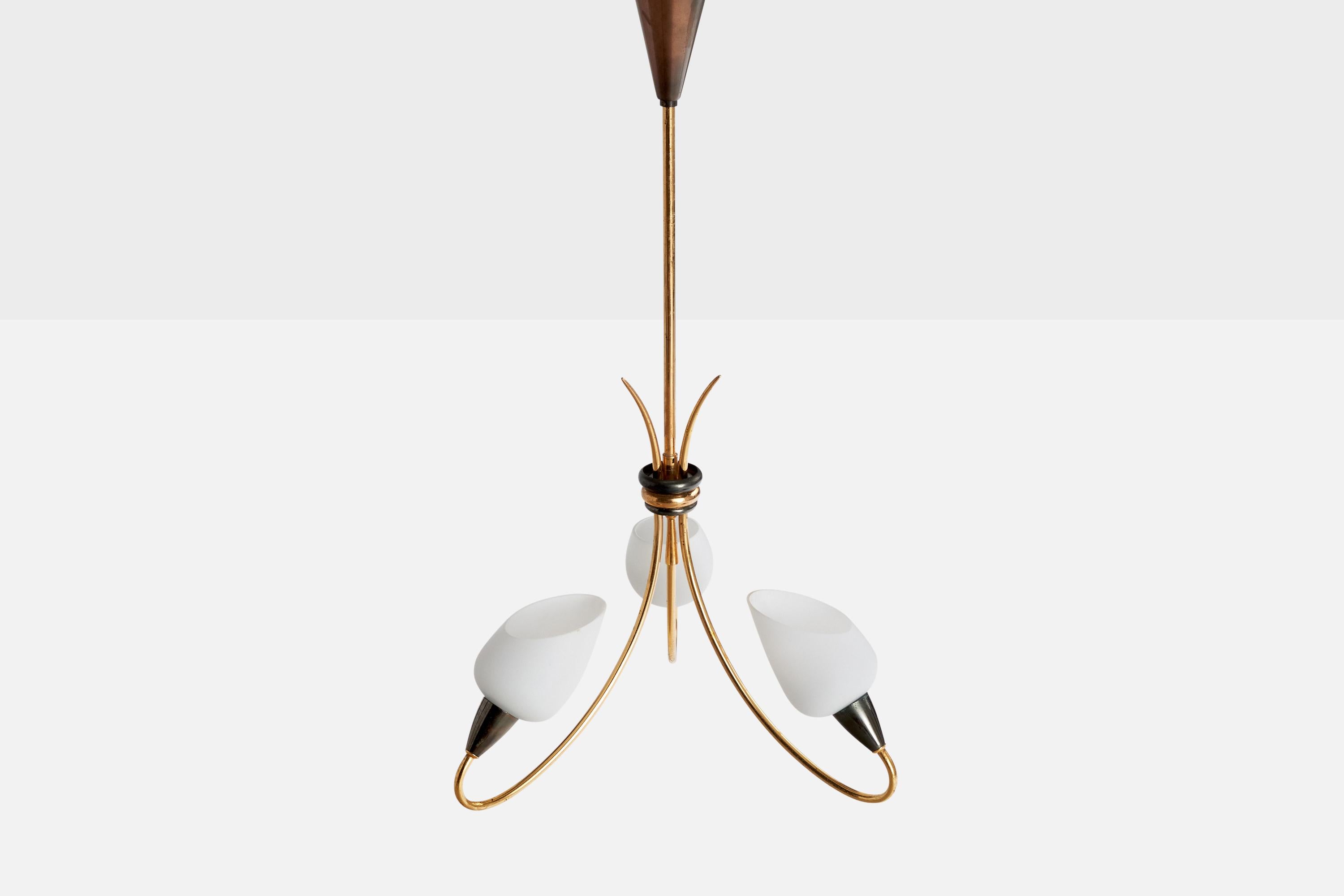Mid-20th Century French Designer, Chandelier, Brass, Metal, Glass, France, 1950s For Sale