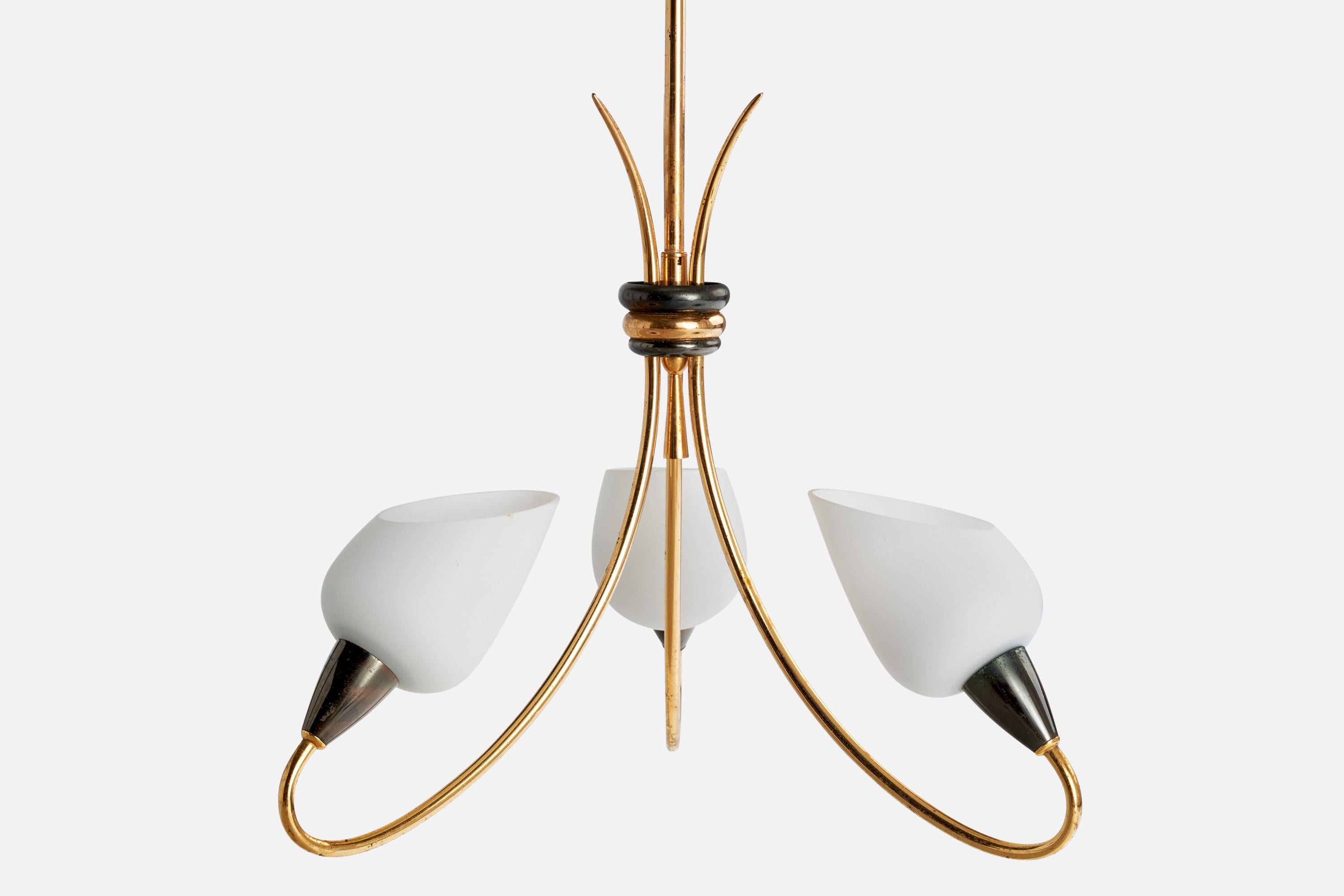 French Designer, Chandelier, Brass, Metal, Glass, France, 1950s For Sale 1