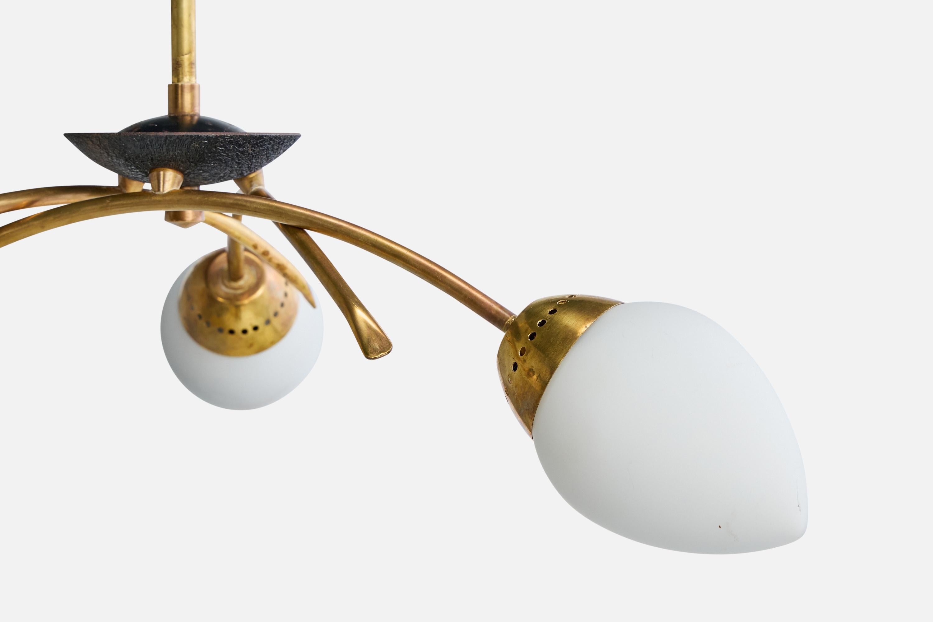 Mid-20th Century French Designer, Chandelier, Brass, Metal, Glass, France, 1950s For Sale