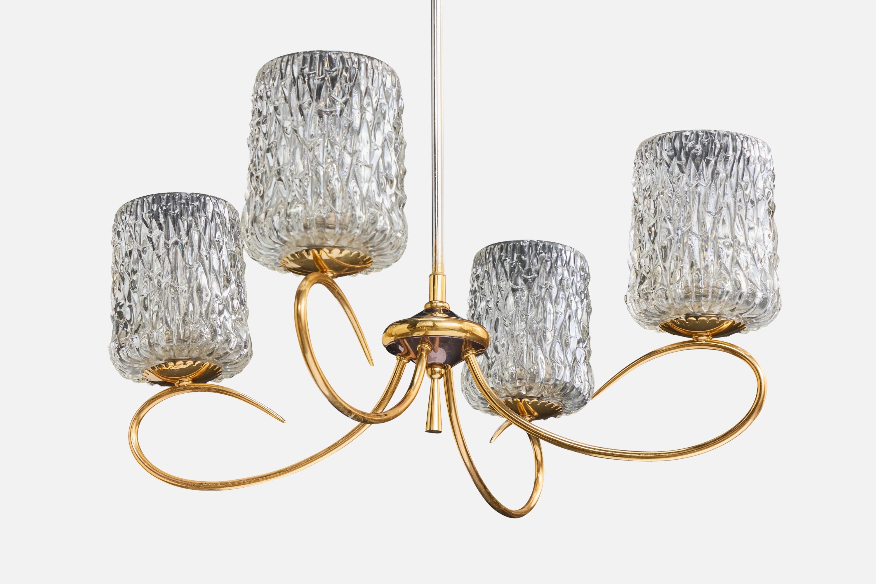 Französischer Designer, Kronleuchter, Messing, Metall, Glas, Frankreich, 1950er Jahre (Mitte des 20. Jahrhunderts) im Angebot