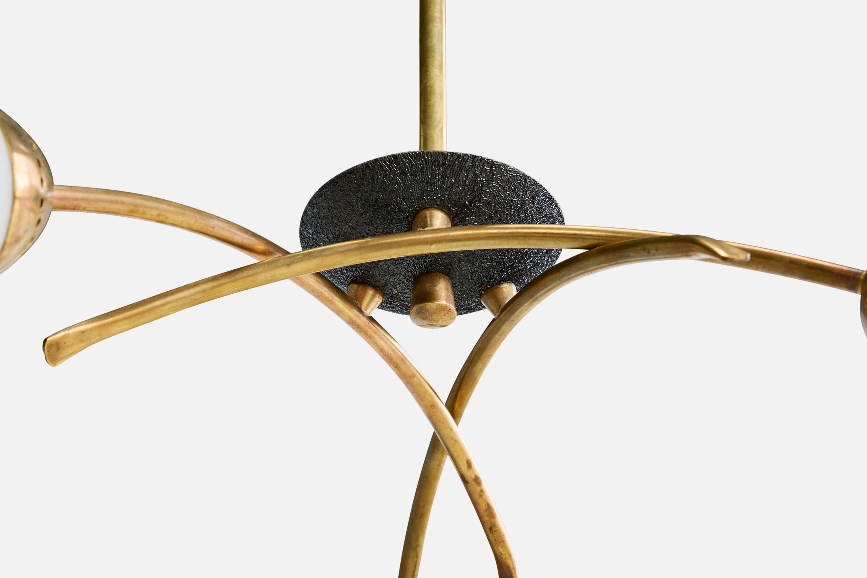French Designer, Chandelier, Brass, Metal, Glass, France, 1950s For Sale 1