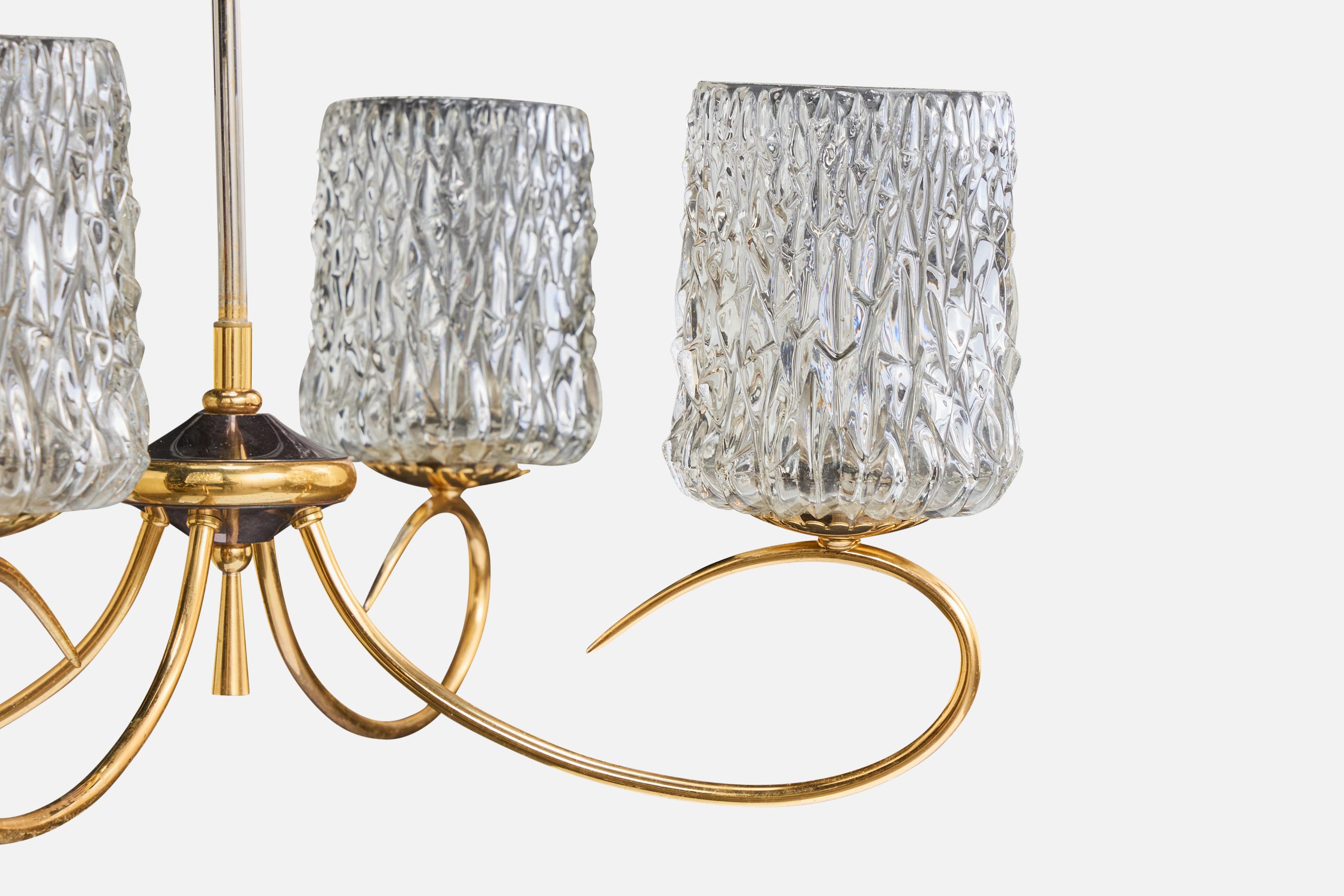 Französischer Designer, Kronleuchter, Messing, Metall, Glas, Frankreich, 1950er Jahre im Angebot 1