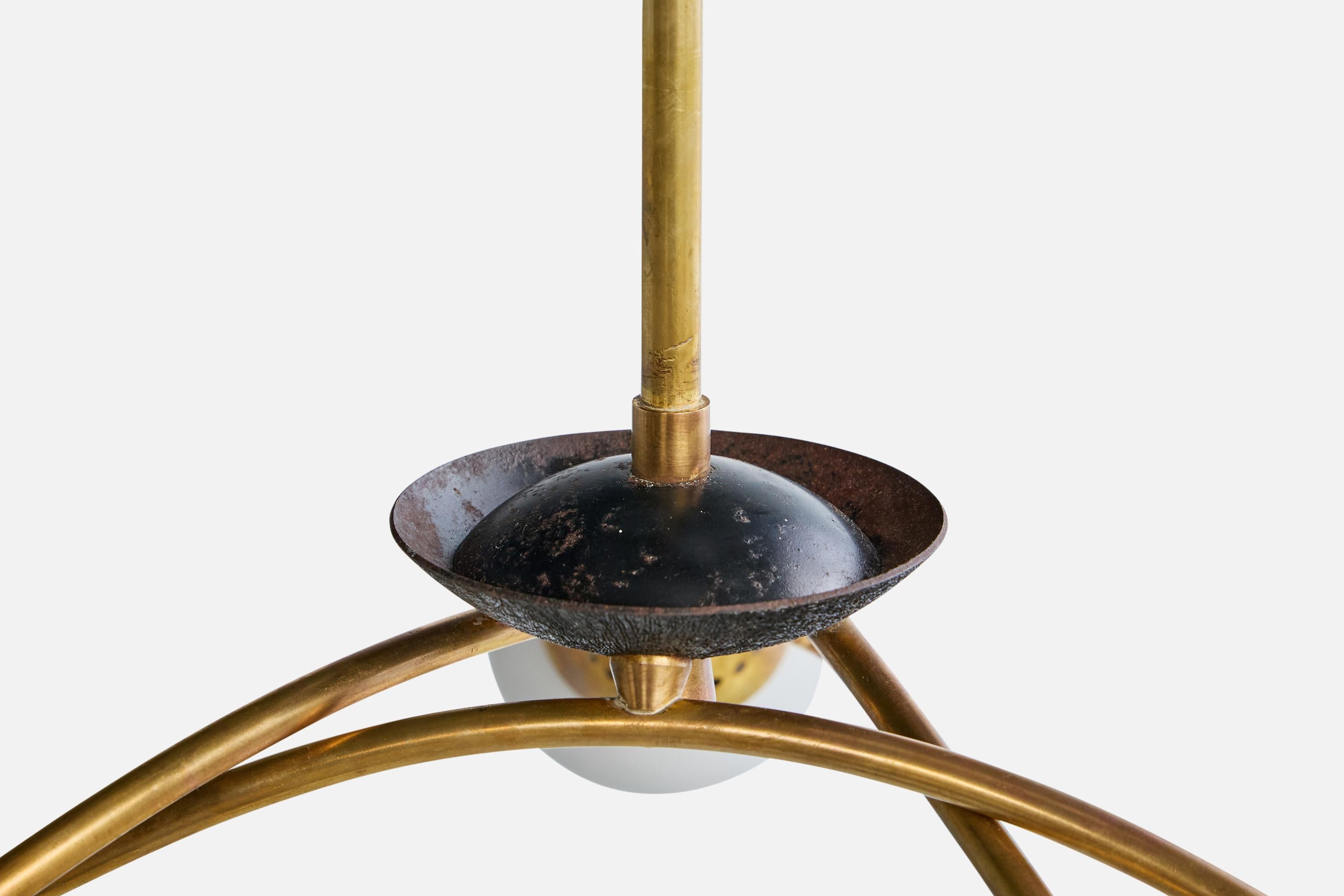 French Designer, Chandelier, Brass, Metal, Glass, France, 1950s For Sale 2