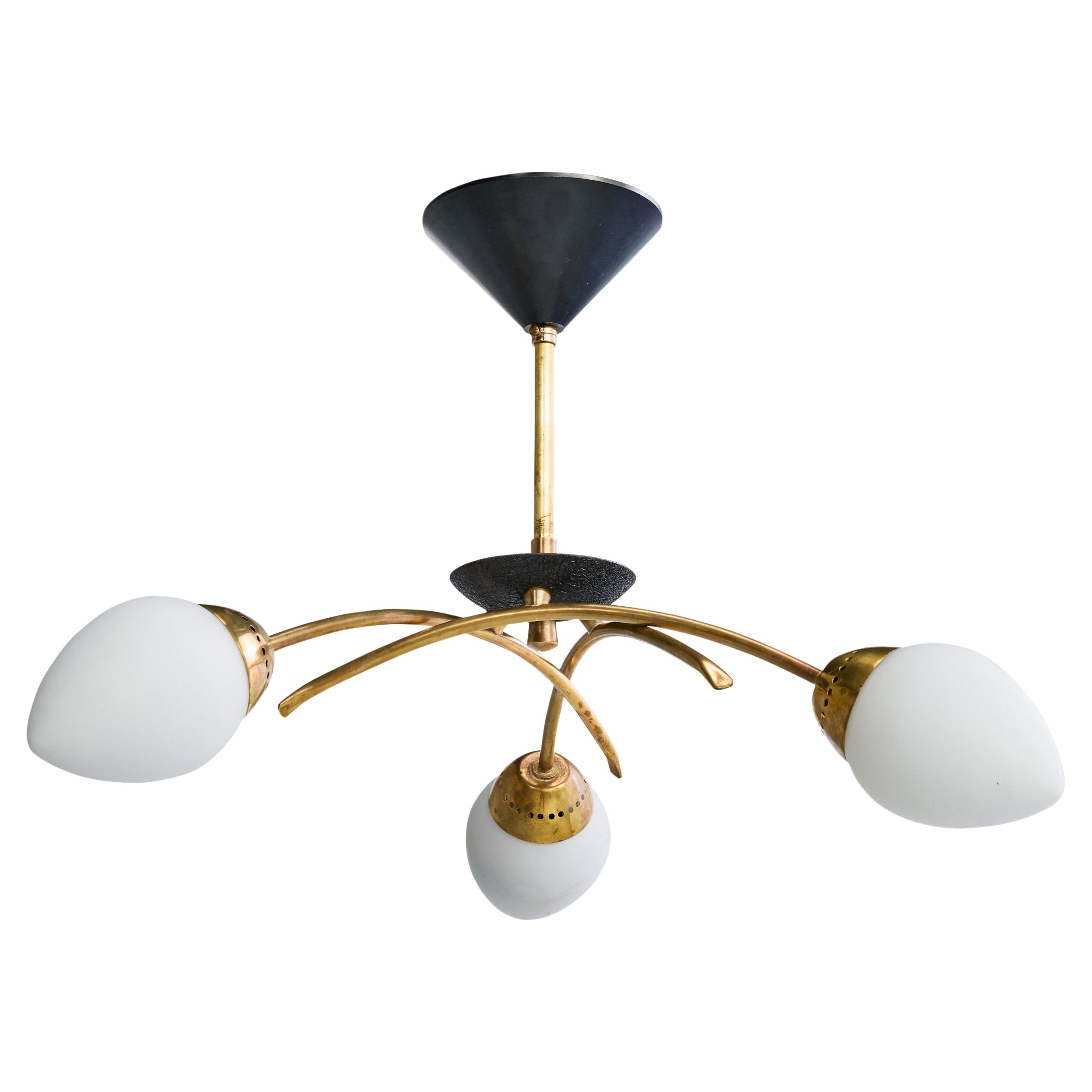 French Designer, Chandelier, Brass, Metal, Glass, France, 1950s For Sale